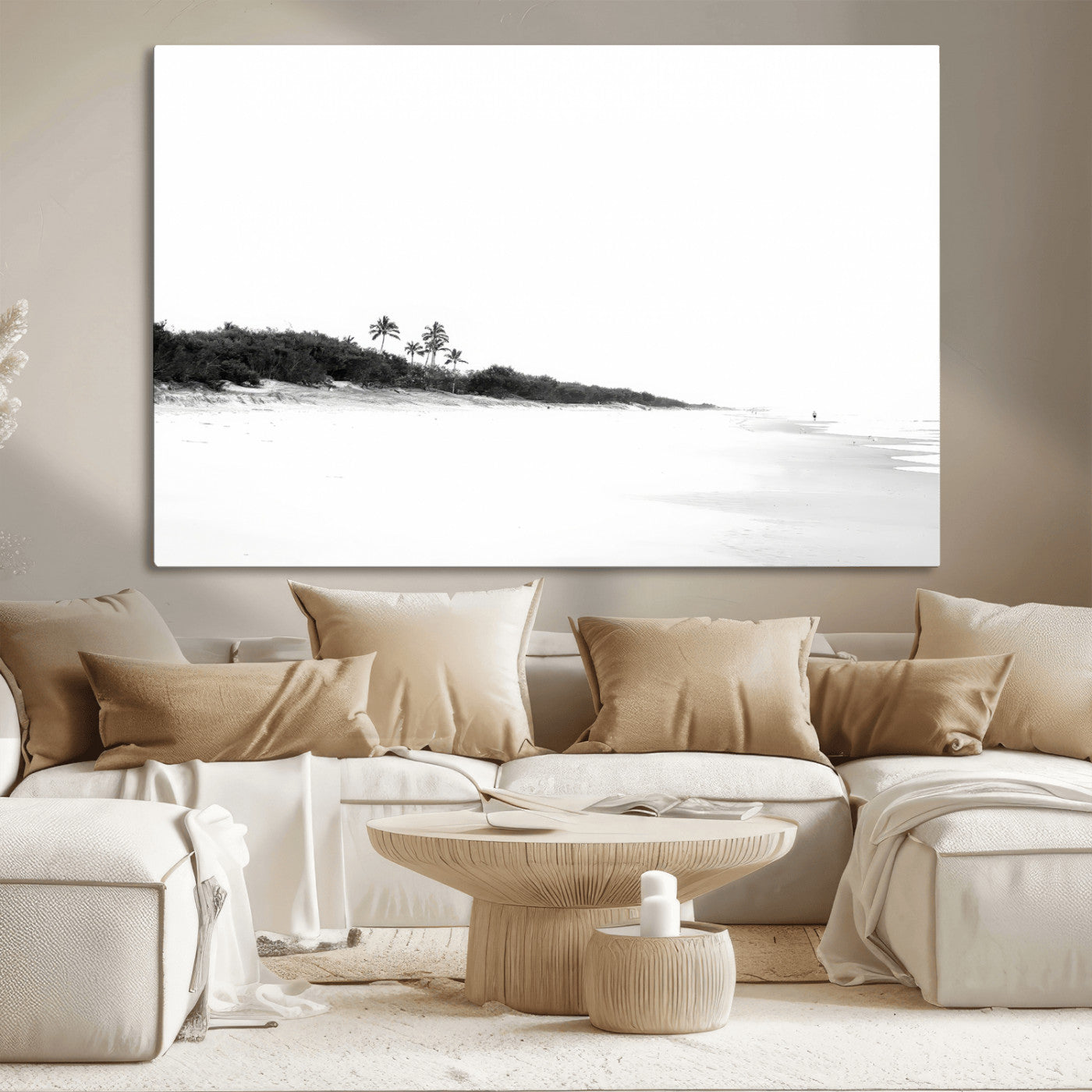 A black and white minimalist coastal scene with a vast open beach, distant palm trees, and a lone figure walking along the shoreline, evoking serenity and solitude.