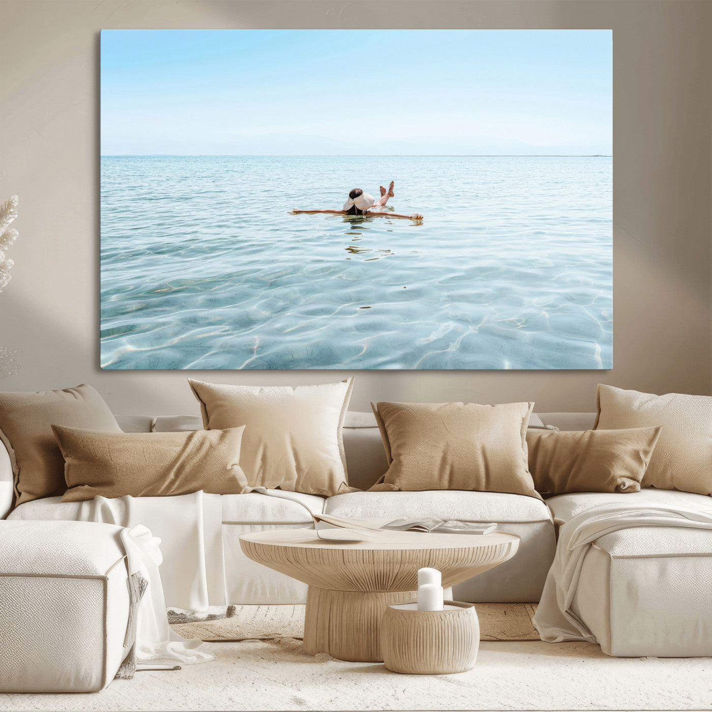 A peaceful minimalist scene of a person floating on crystal-clear water, surrounded by a vast open horizon, capturing relaxation and serenity in a tranquil aquatic setting.