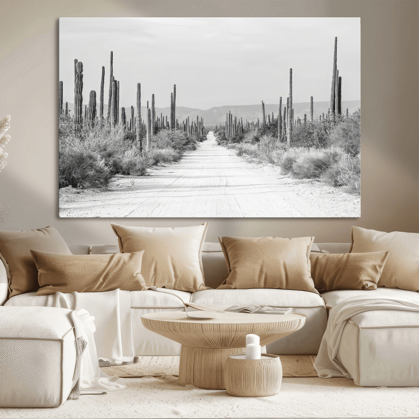 A black and white desert road stretching through a cactus-filled landscape, creating a rugged and timeless southwestern aesthetic with a sense of adventure.