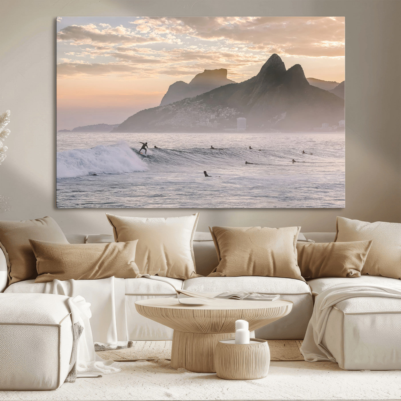 A surfer rides a golden hour wave near misty coastal mountains, surrounded by fellow surfers, capturing the spirit of a coastal adventure.