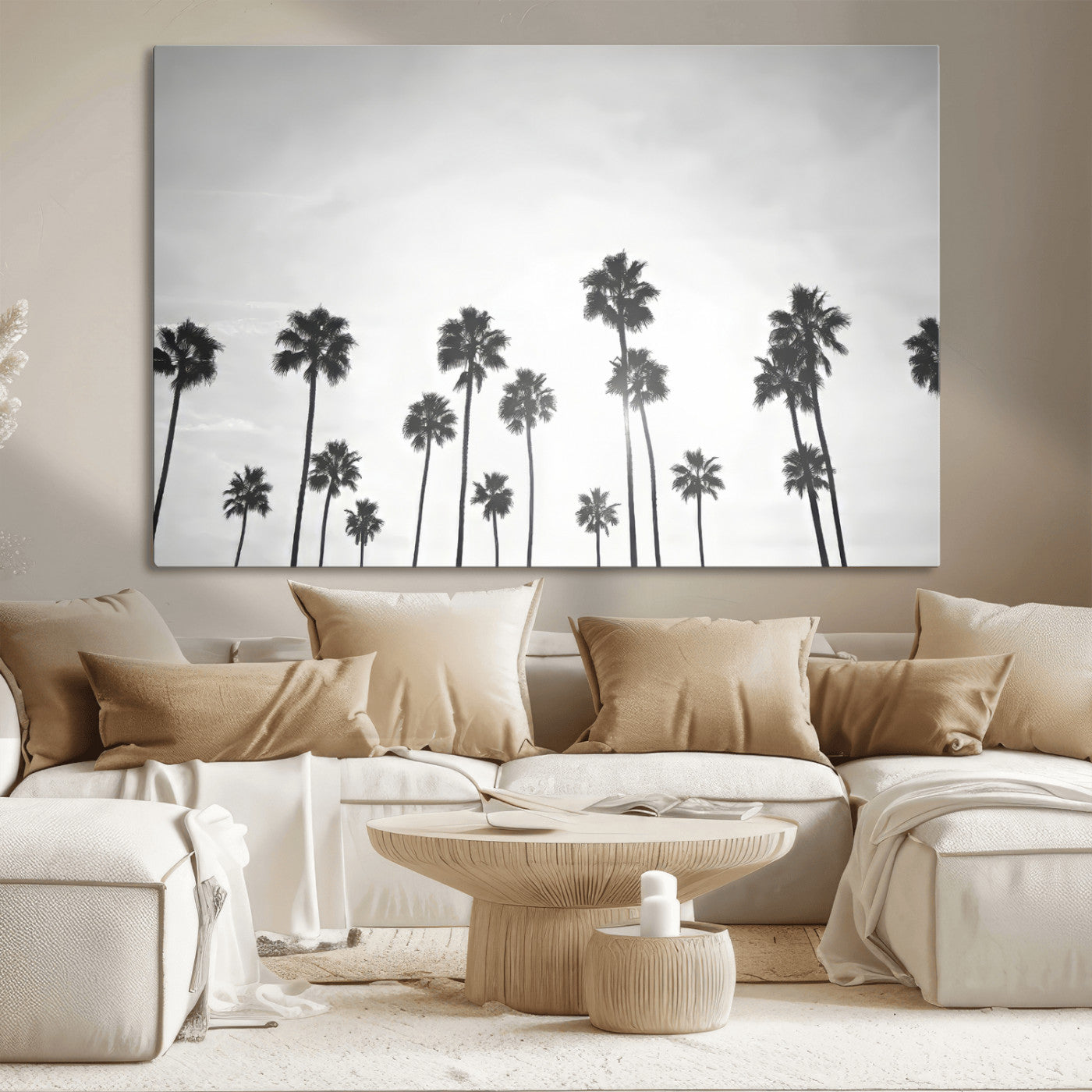 A black and white minimalist scene featuring tall palm trees silhouetted against a bright sky, creating a dreamy and timeless tropical aesthetic.