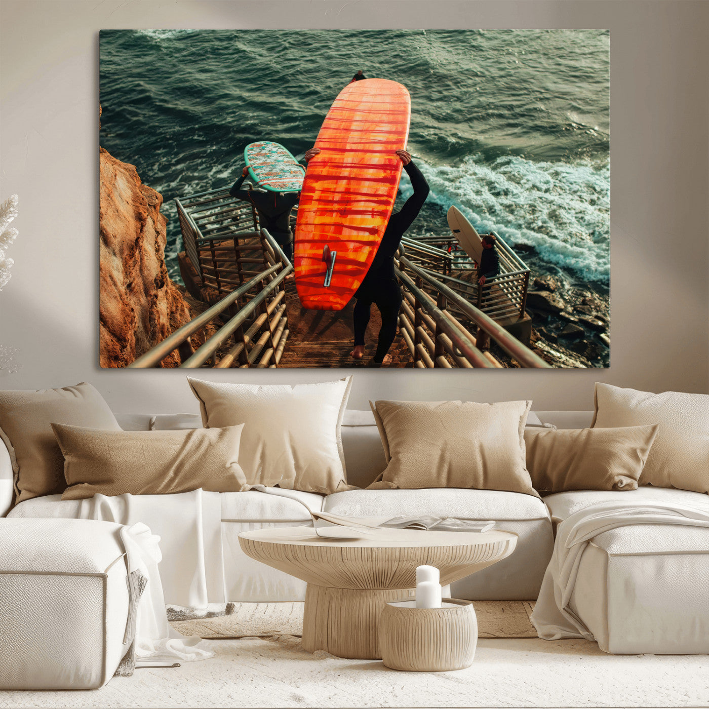 MGV-CV-36X24 - Surfer Stairway Wall Art Canvas Print, Framed Ocean Surf Art Picture Print, Sunset Coastal Perfect Coastal Adventure Decor Artwork