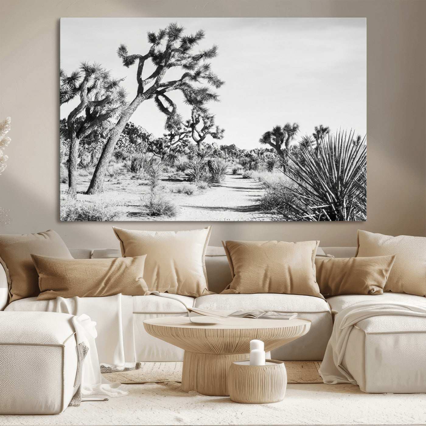 Canvas of a Joshua Tree forest in black and white tones, featuring a desert path and spiky vegetation, ideal for minimalist or rustic decor.