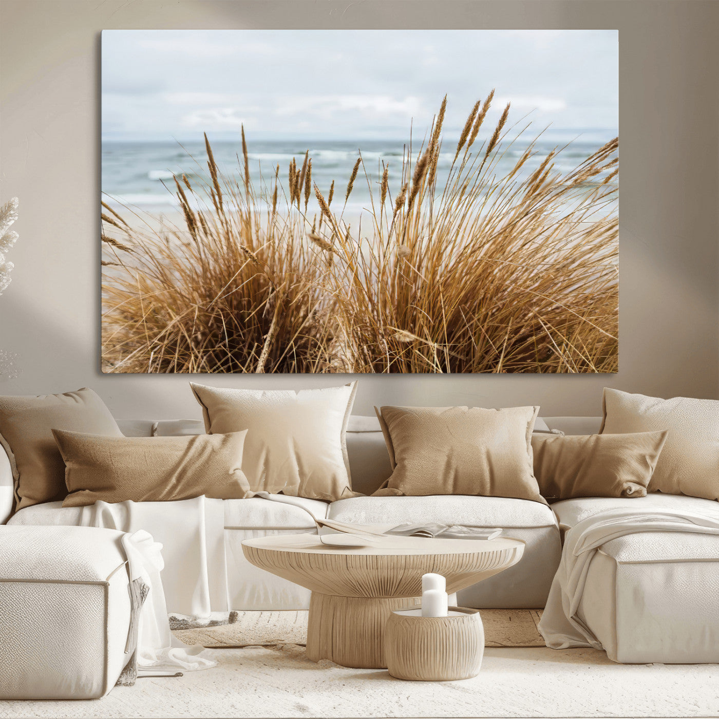 Canvas of golden beach grass swaying by the ocean under a soft cloudy sky, perfect for neutral-toned or coastal minimalist decor.