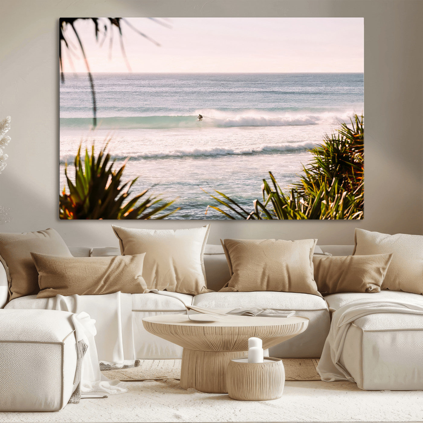 Canvas of a lone surfer riding a pastel wave at sunrise, perfect for tropical or coastal-themed spaces with a relaxed, airy vibe.