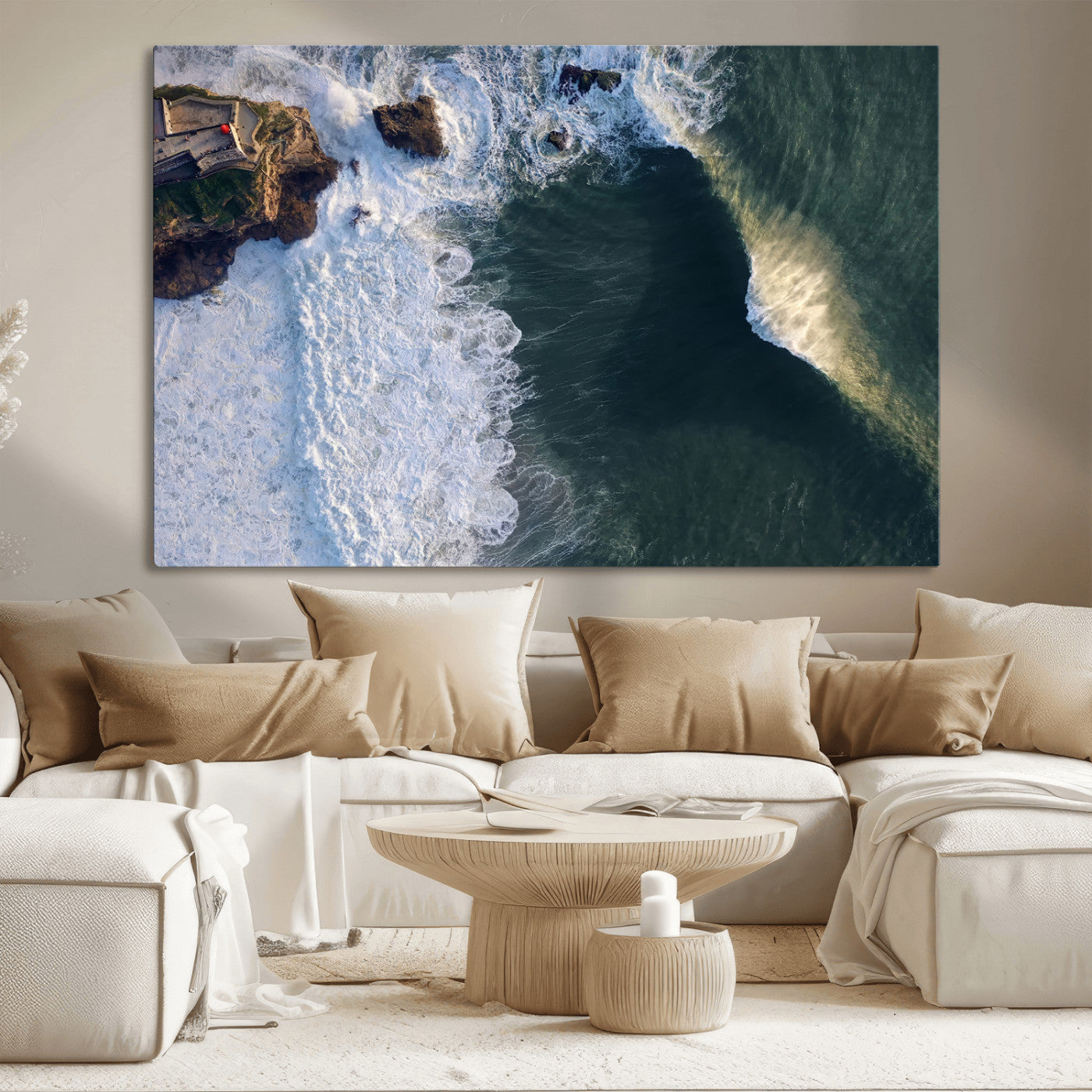 MGV-CV-36X24 - Nazaré Coast Wall Art Canvas Print, Framed Aerial Ocean Art Picture Print, Coastal Fortress Perfect Dramatic Coastal Decor Artwork