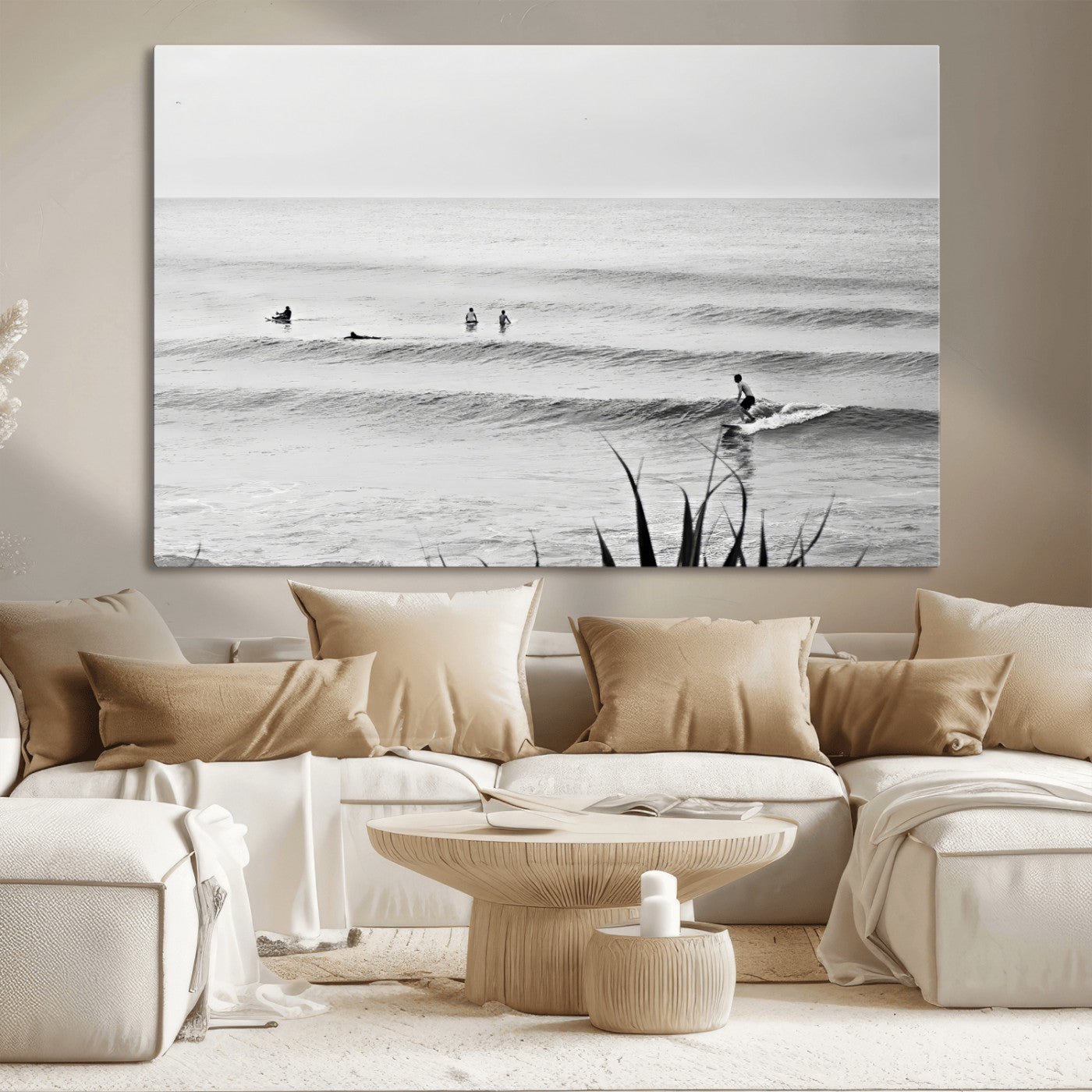 Monochrome canvas of surfers on calm ocean waves, ideal for minimalist coastal or beach-inspired interior decor.