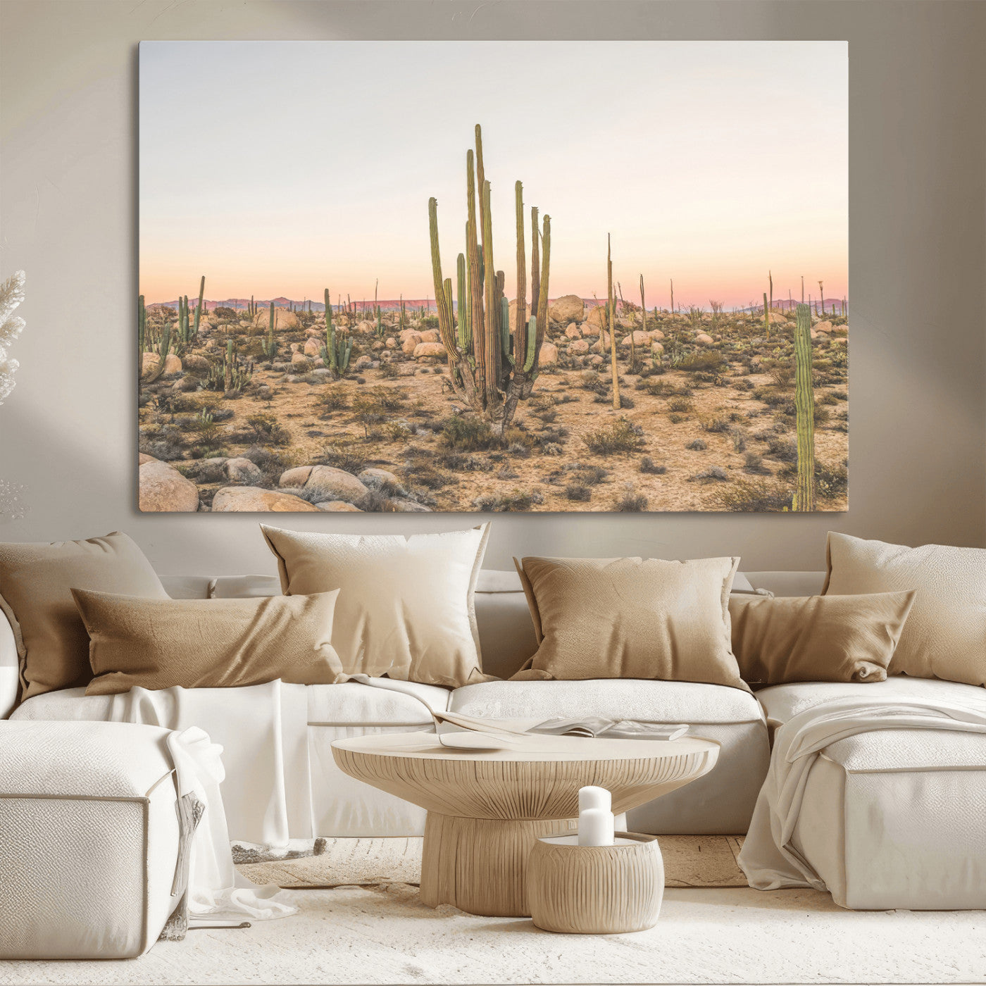 Canvas of tall desert cacti in warm sunset tones over a rocky Baja landscape, ideal for earthy or Southwestern-style home decor.