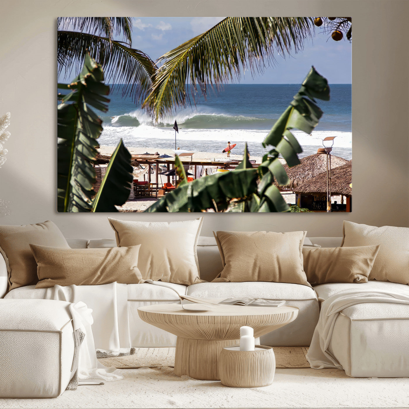 Canvas wall art of a tropical surf scene framed by palm trees, with a surfer on the shore and waves rolling in, ideal for beach-themed decor.