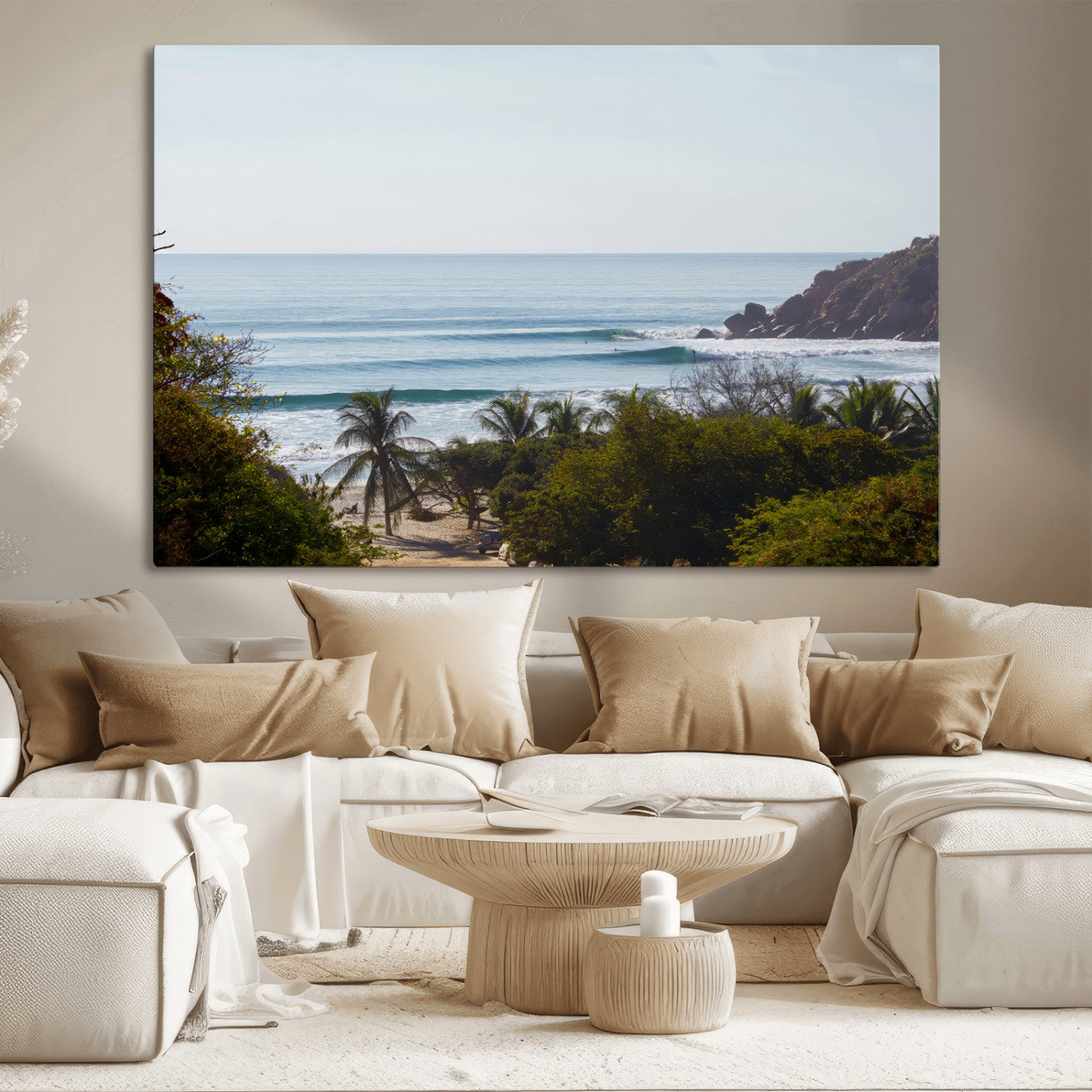 View of calm ocean waves with palm trees and a tropical coastline, ideal for coastal boho or beach-themed wall decor.