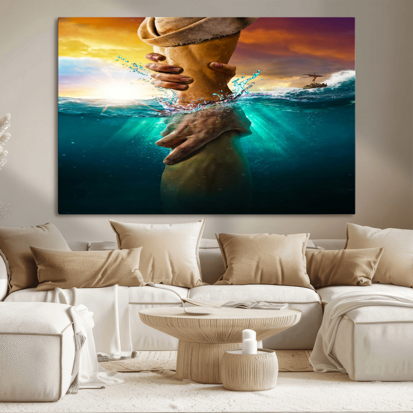 A dramatic scene of a hand reaching underwater and being lifted, symbolizing rescue and faith, ideal for spiritual or Christian wall decor.