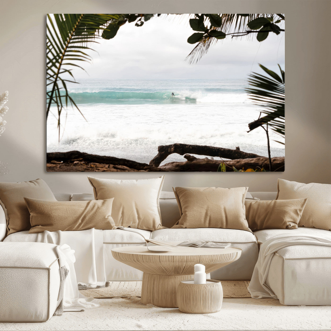 Tropical beach view with palm trees and surfer riding a wave, perfect for boho or coastal-inspired interior wall decor.