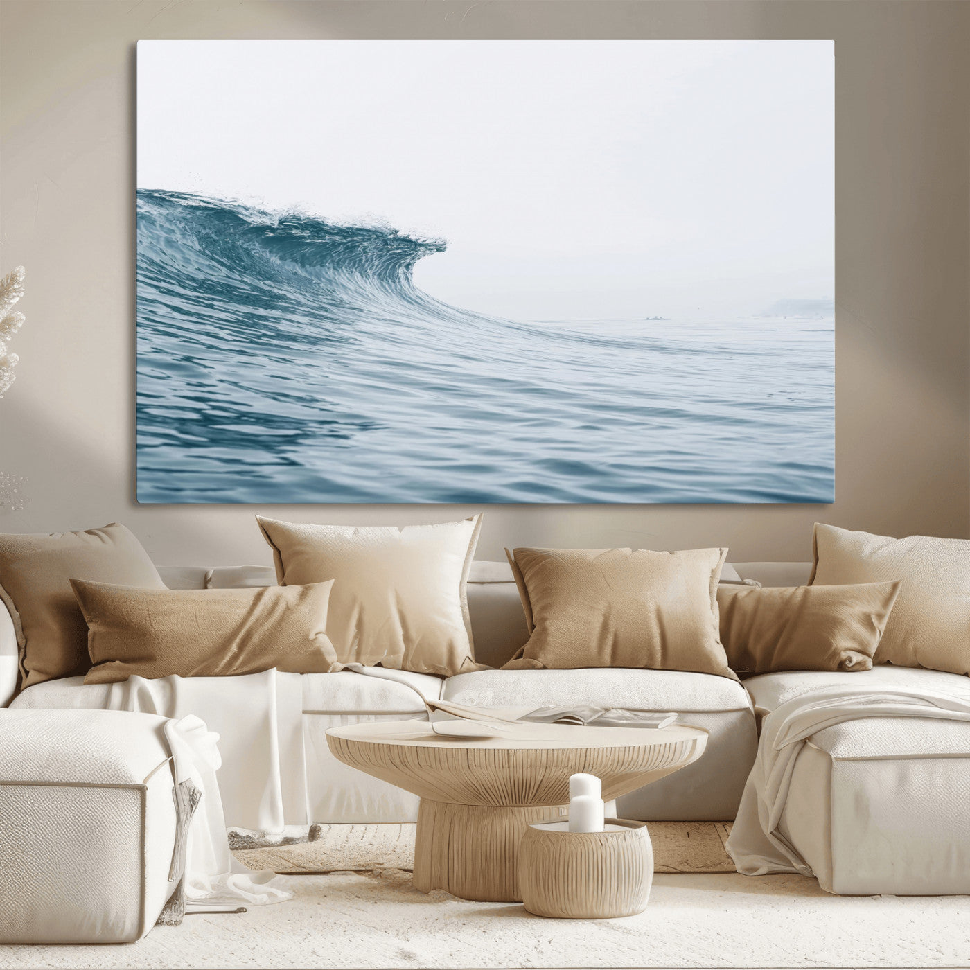 A single ocean wave curling in soft blue tones under a misty sky, ideal for coastal or minimalist home wall decor.