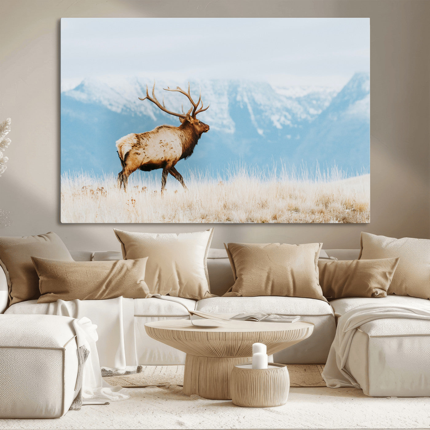 Majestic elk with antlers walking on golden grass, snowy mountains behind, perfect for rustic lodge or Scandinavian decor.