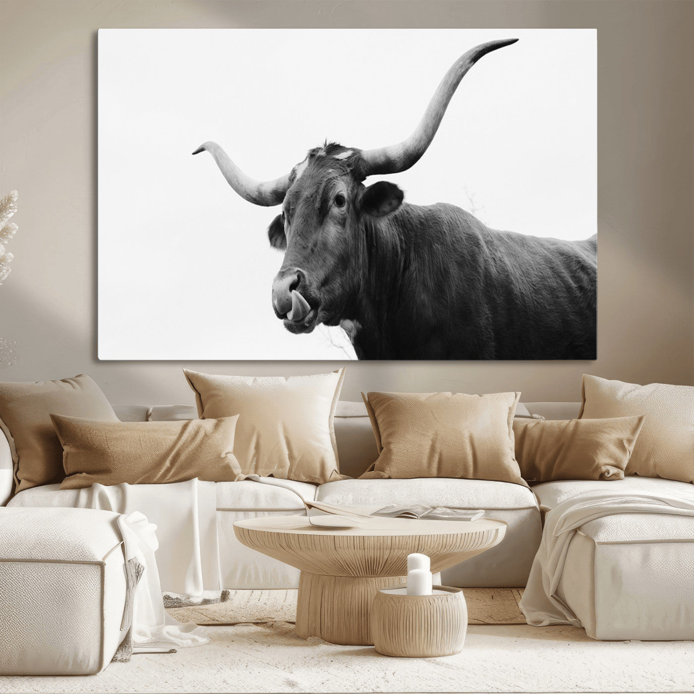 Black and white photo of a Texas Longhorn cow with curved horns, ideal for rustic, western or minimalist style home decor.