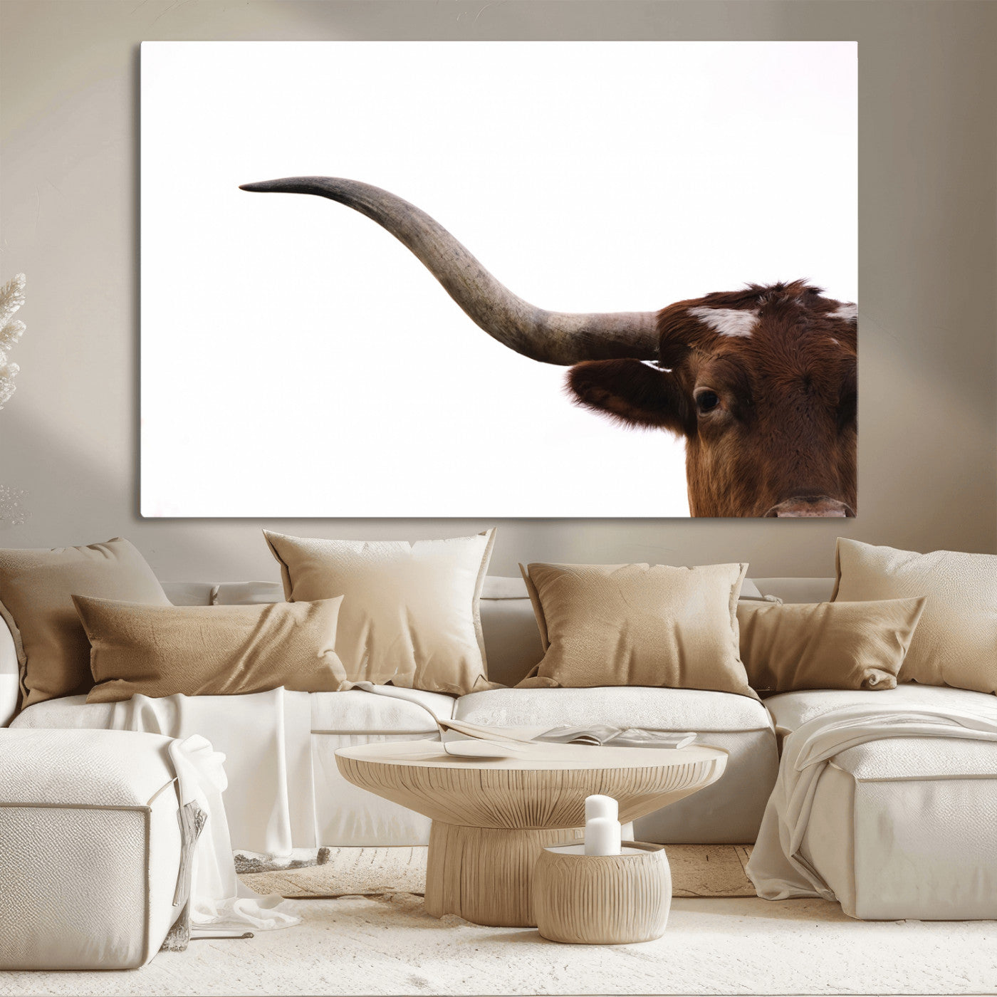 Close-up of Texas Longhorn horn and eye on white background, perfect for minimalist or modern farmhouse style wall decor.