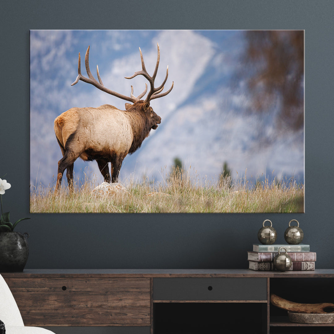 Rustic Elk Wall Art Canvas Print, Wildlife Antler Print, Framed Western Hunting Lodge Art Print