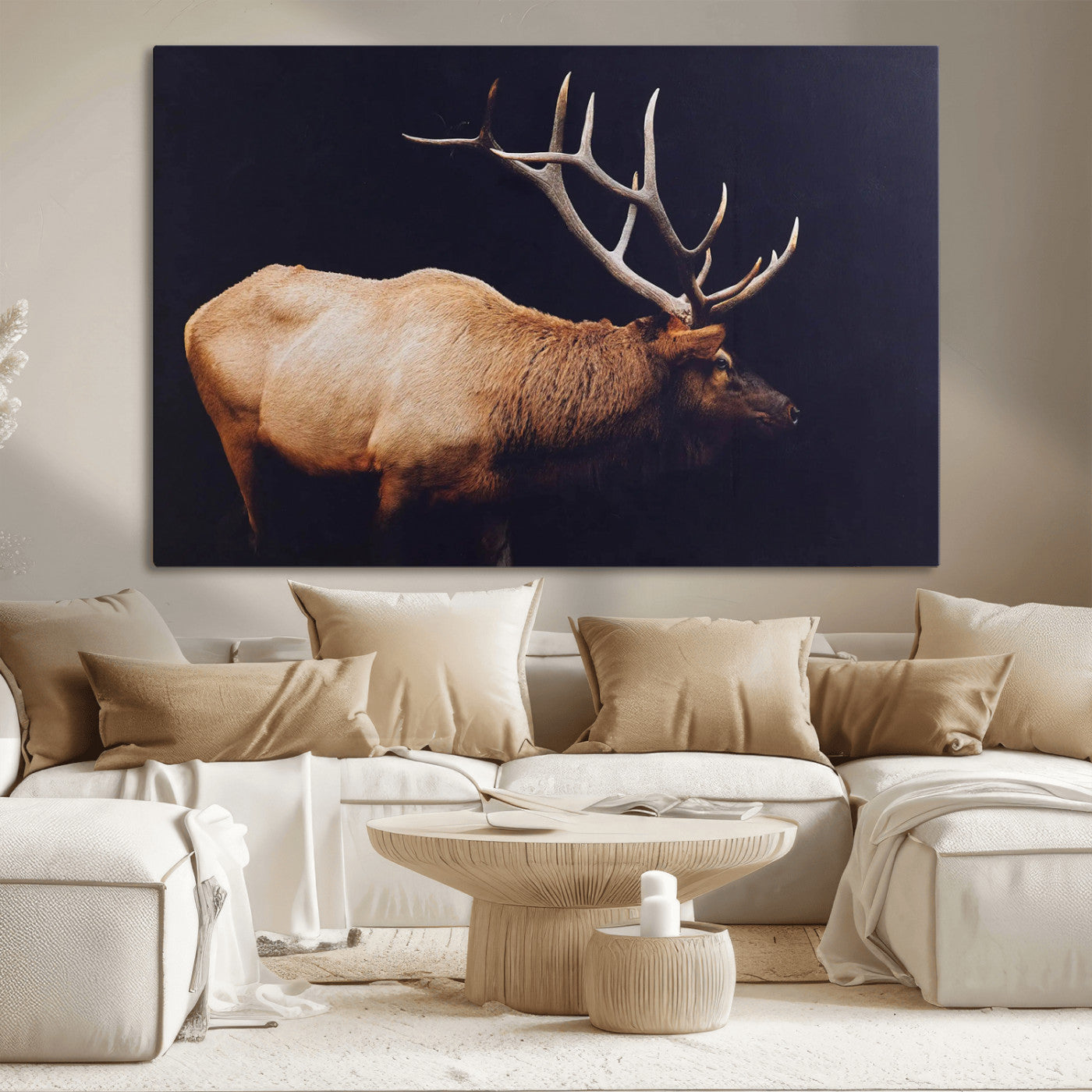 Side profile of an elk with large antlers on dark background, creating a bold rustic statement for cabin or Western-themed decor.
