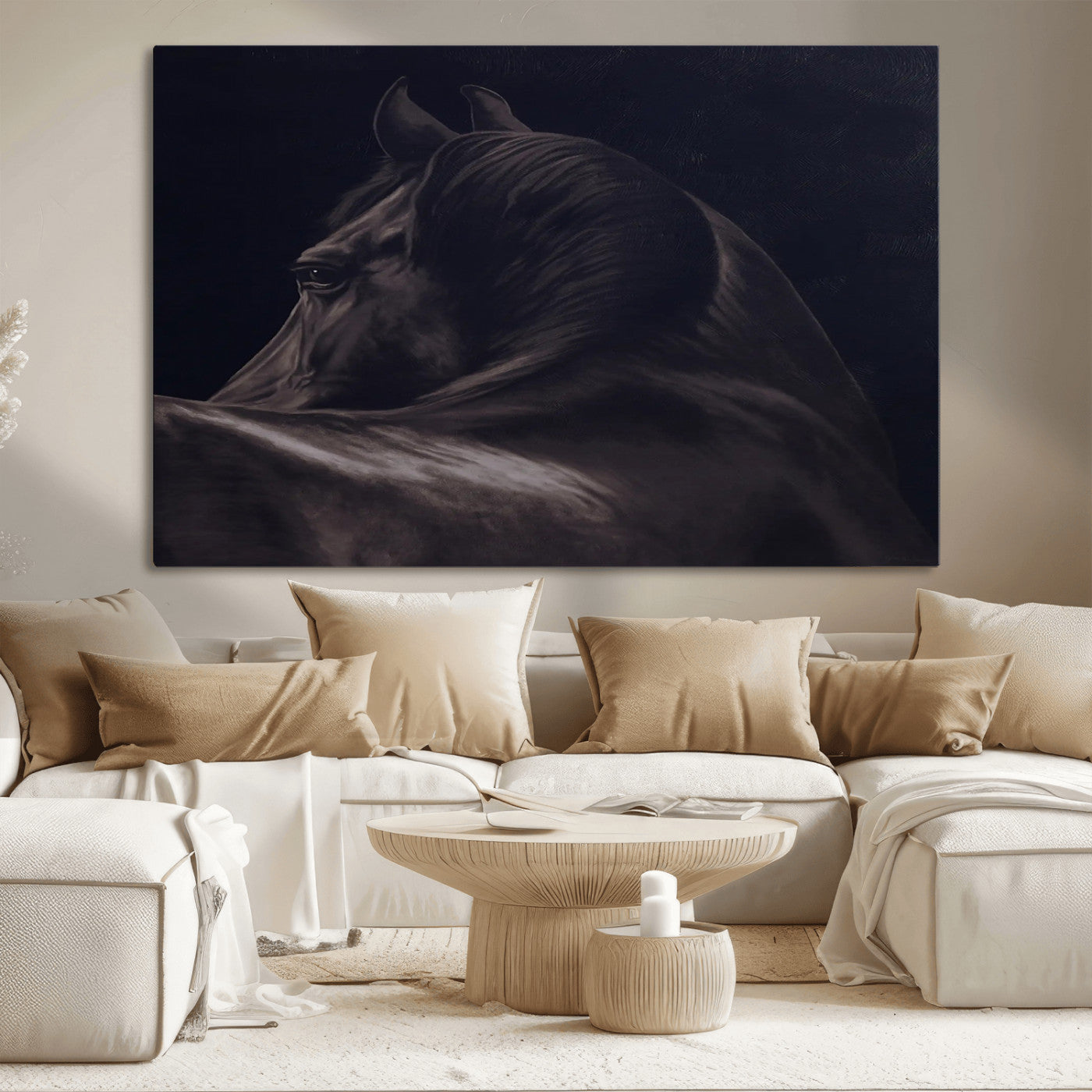 Moody black horse portrait with dramatic lighting on dark background, ideal for rustic, modern or Western style home decor.