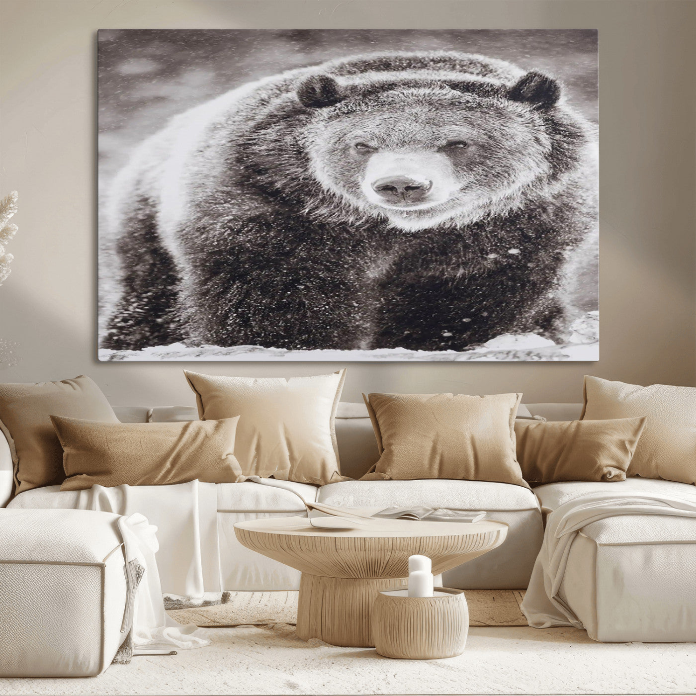 Snow-covered grizzly bear in black and white, ideal for rustic lodge, cabin or wildlife-themed home wall decor.