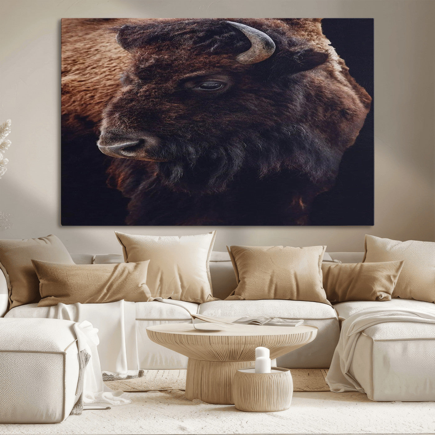 Close-up portrait of a bison with dark fur on a black background, perfect for rustic, lodge, or Western-style interior wall decor.
