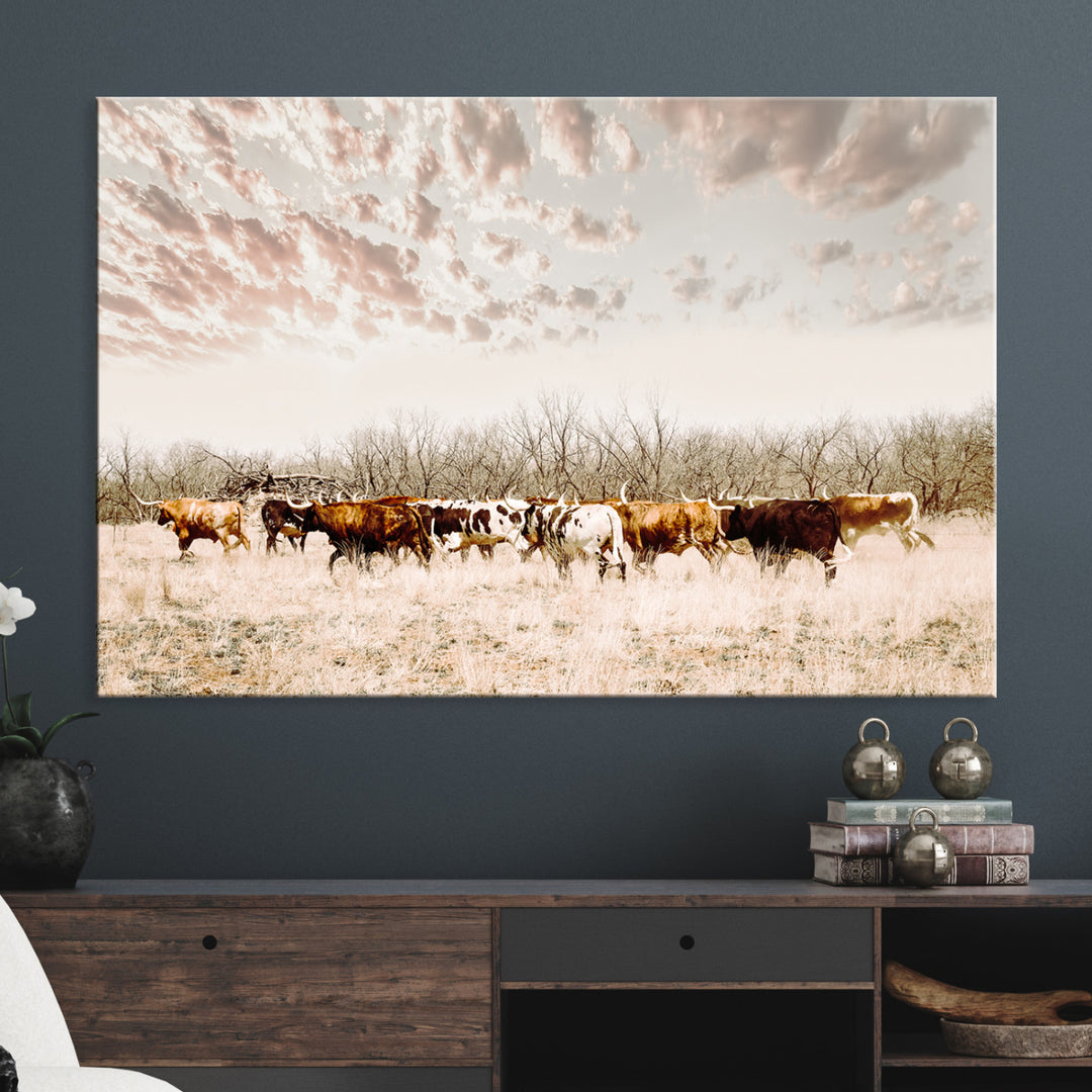 Longhorn Cattle Wall Art Canvas Print, Texas Ranch Print, Framed Western Cow Art Print, Large Prairie Landscape Printing Perfect for Western Decor