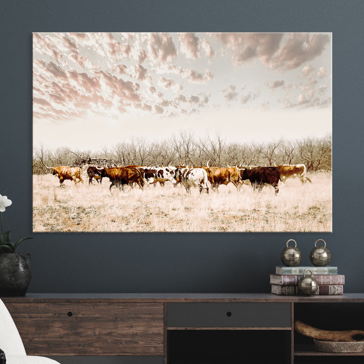 Longhorn Cattle Wall Art Canvas Print, Texas Ranch Print, Framed Western Cow Art Print, Large Prairie Landscape Printing Perfect for Western Decor