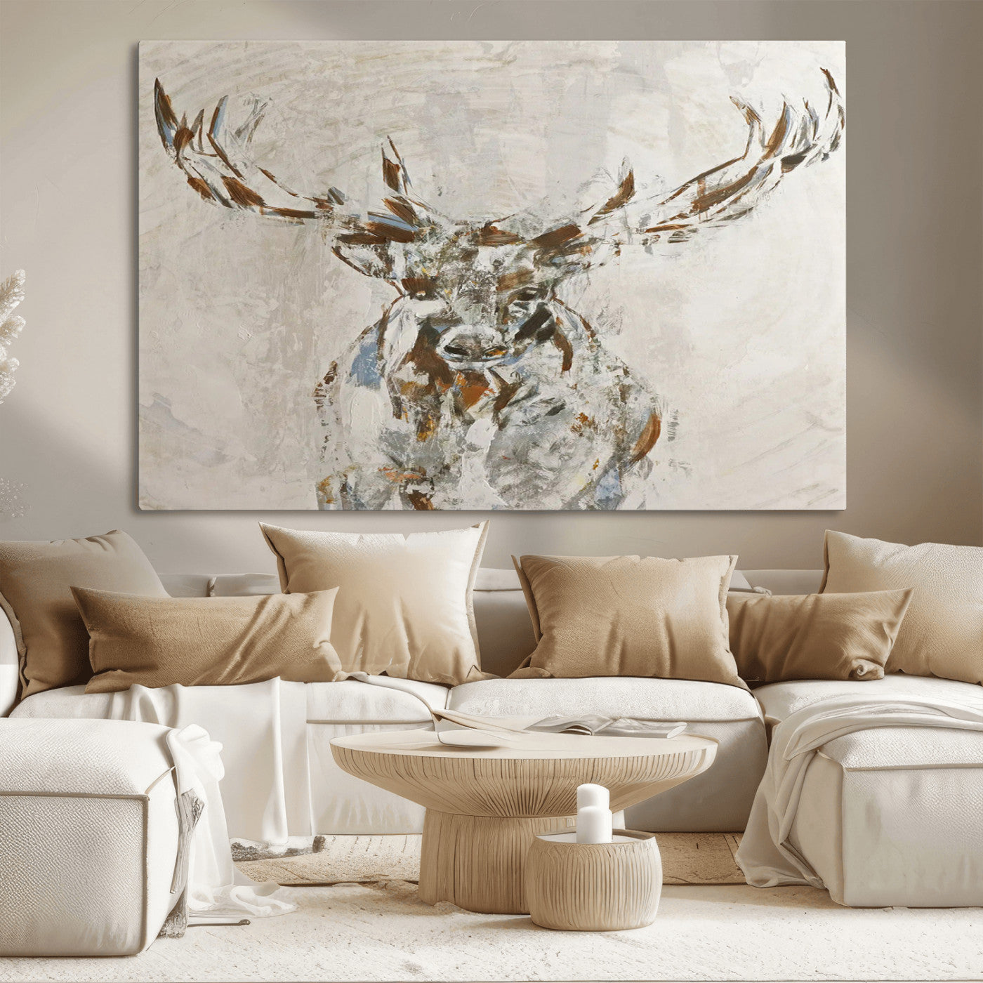 Abstract painting of a deer with antlers in neutral earth tones, ideal for modern rustic or lodge-style living room wall decor.