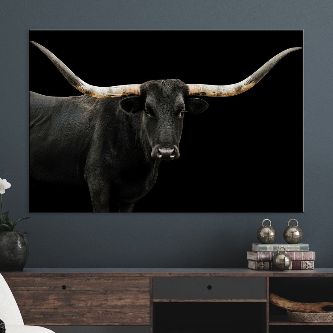 Black White Longhorn Bull Wall Art Canvas Print, Texas Ranch Print, Framed Western Cow Art Print for Farmhouse Decor - Longhorn Print