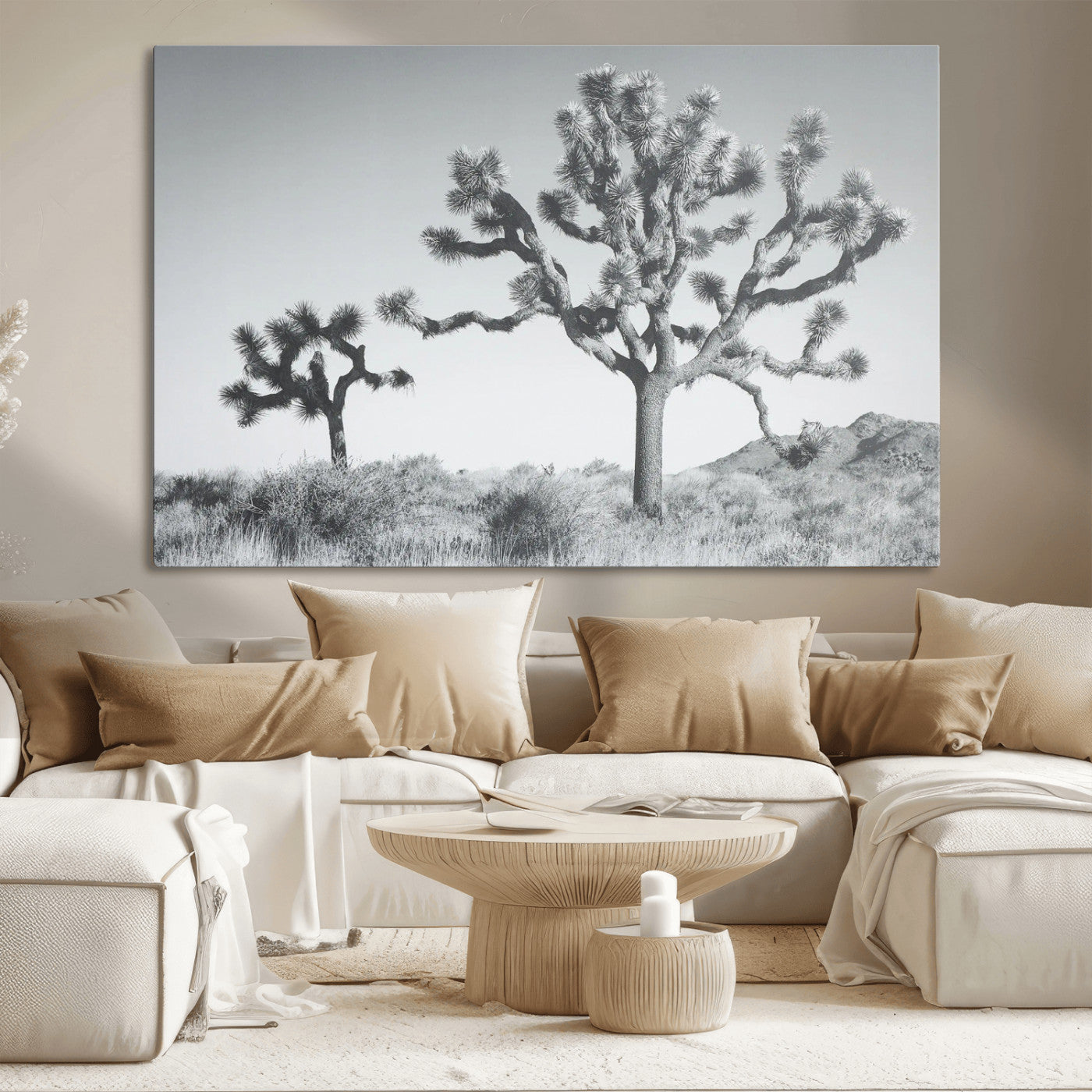 Two Joshua trees in a black and white desert landscape with distant hills, ideal for boho or rustic interior wall styling.