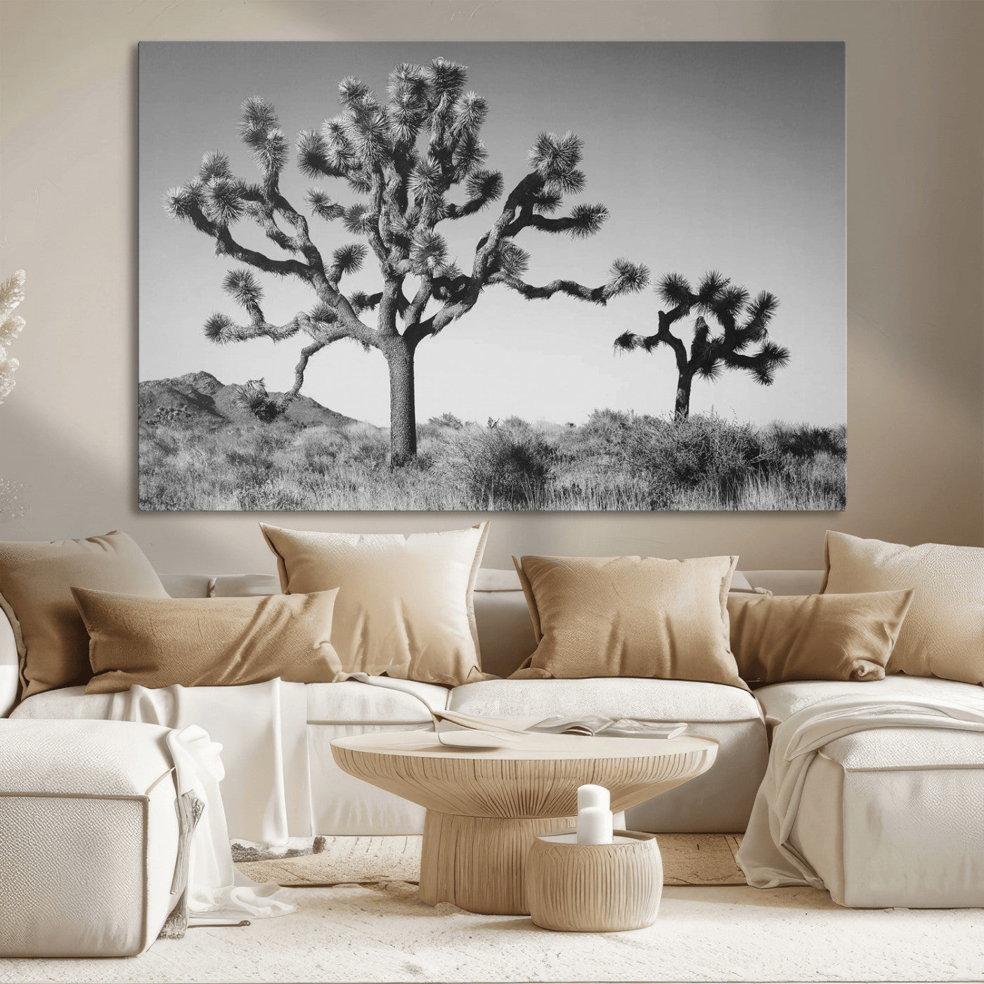 Black and white desert scene with two Joshua trees under clear sky, perfect for rustic or boho-inspired home decor.
