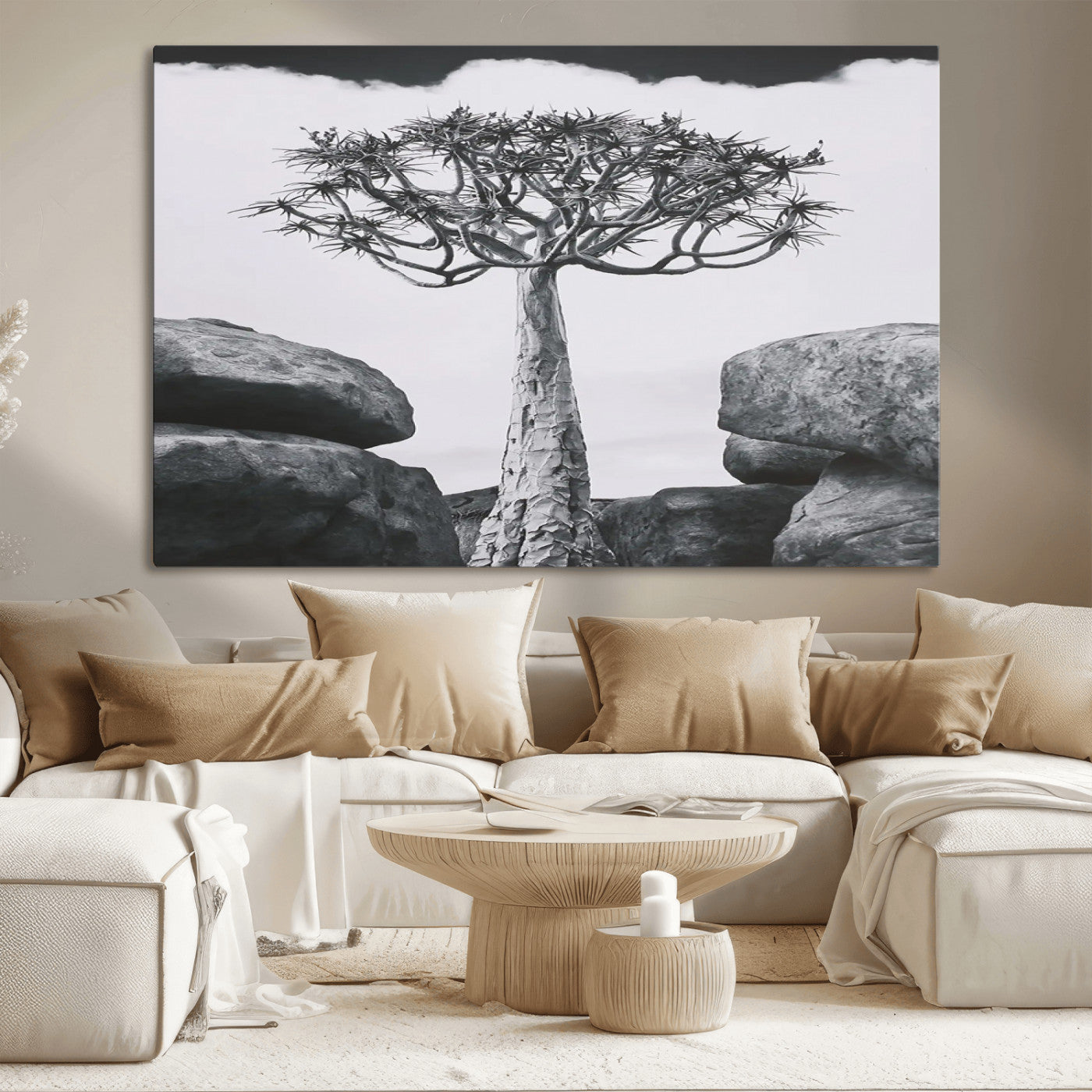 Black and white Joshua tree with bold rocky background, ideal for minimalist or desert-inspired home wall decoration.