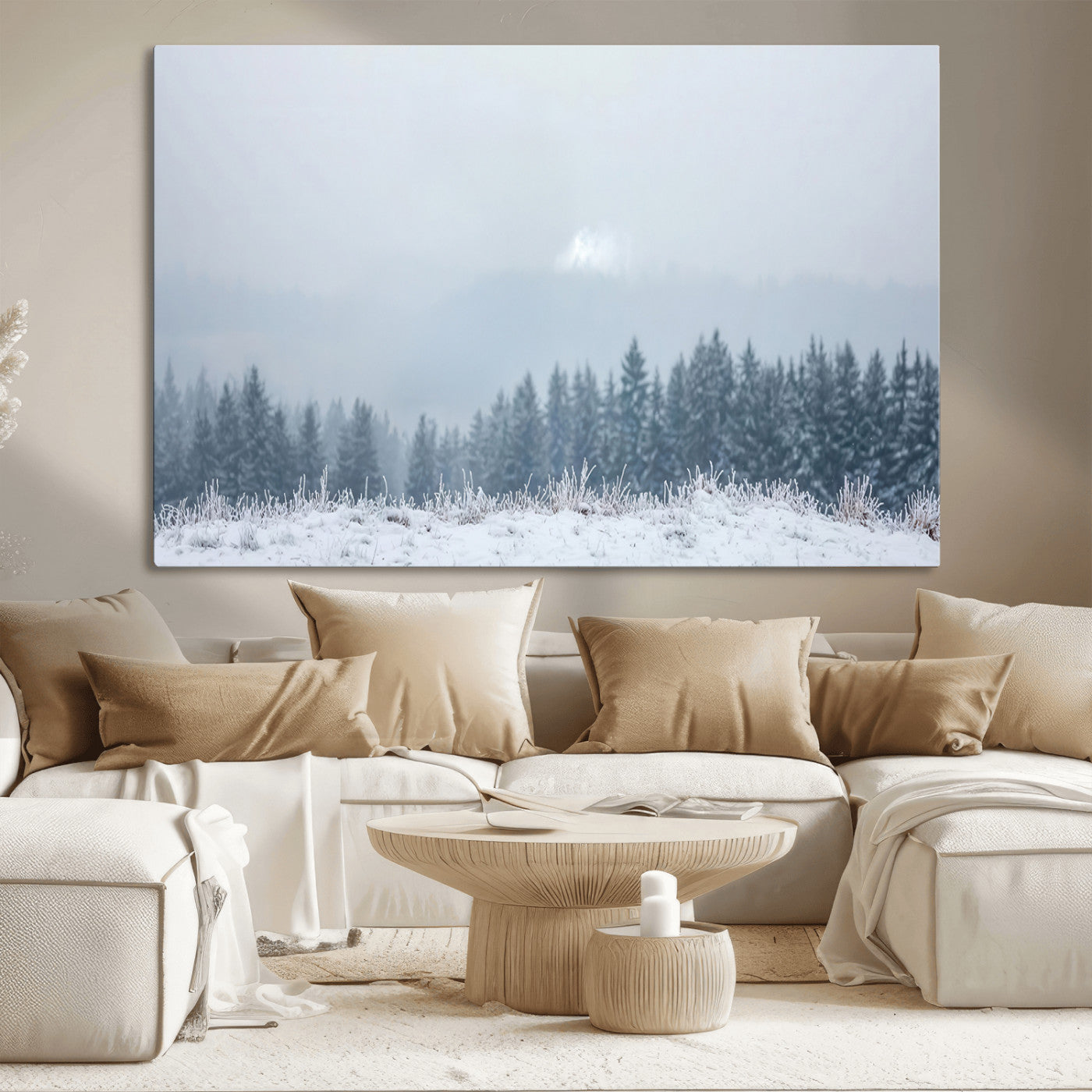 Snow-covered forest under misty sky, soft light breaking through clouds, ideal for minimalist or Nordic-inspired home decor.