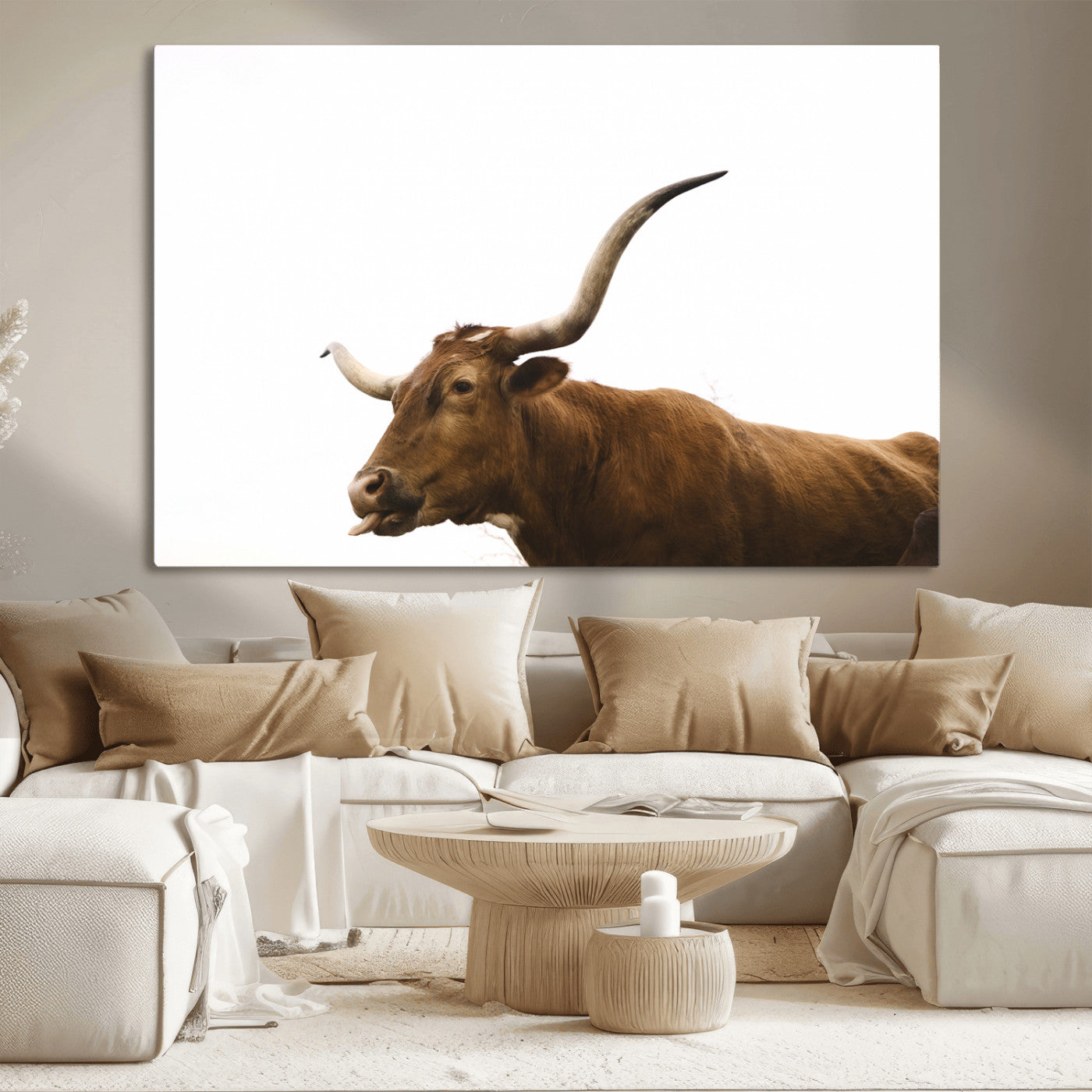 Minimal photo of a longhorn cow with white background, ideal for rustic, western or farmhouse-style interior decor.