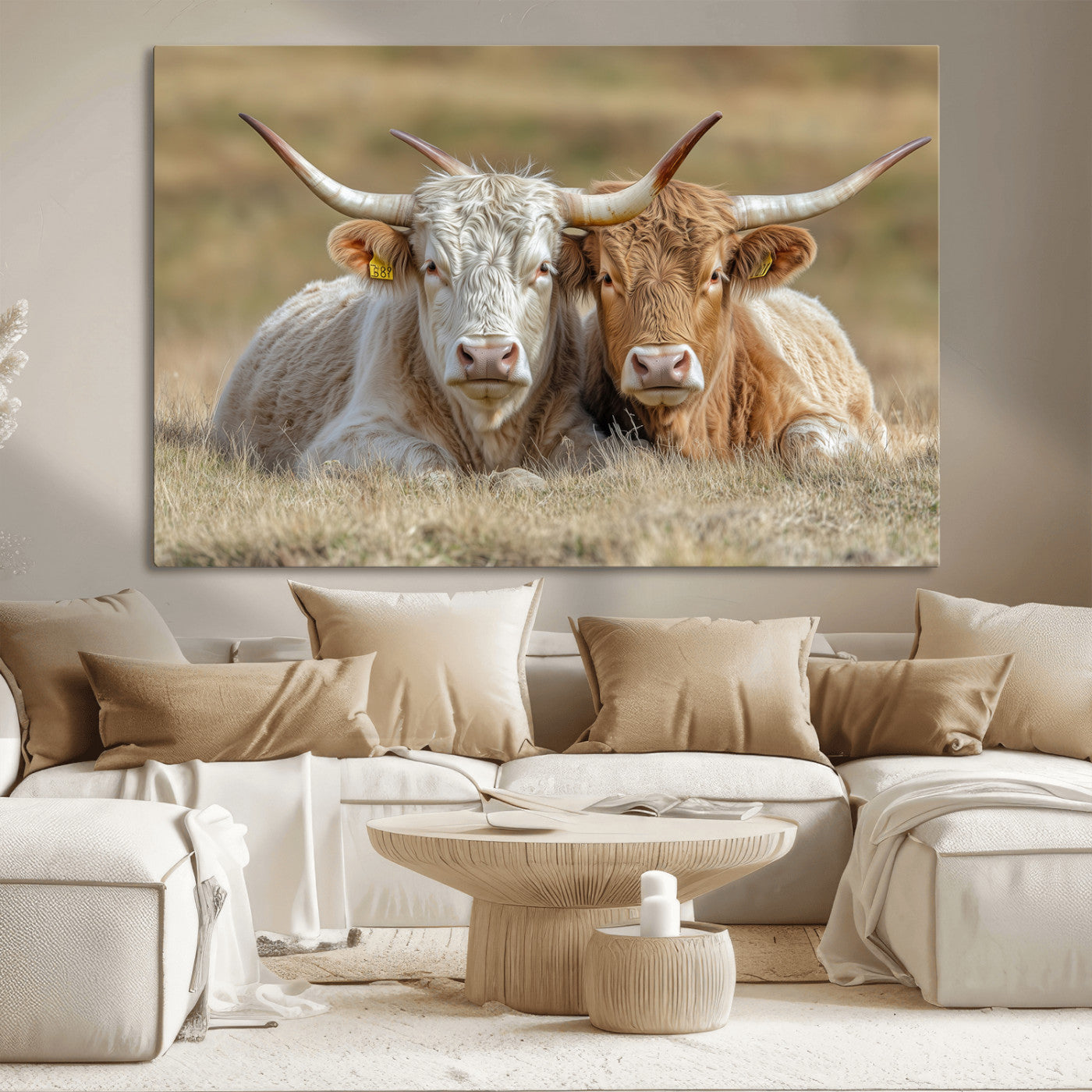 Two cows laying closely in a dry grassy field, captured in soft light, perfect for rustic farmhouse or western style home decor.