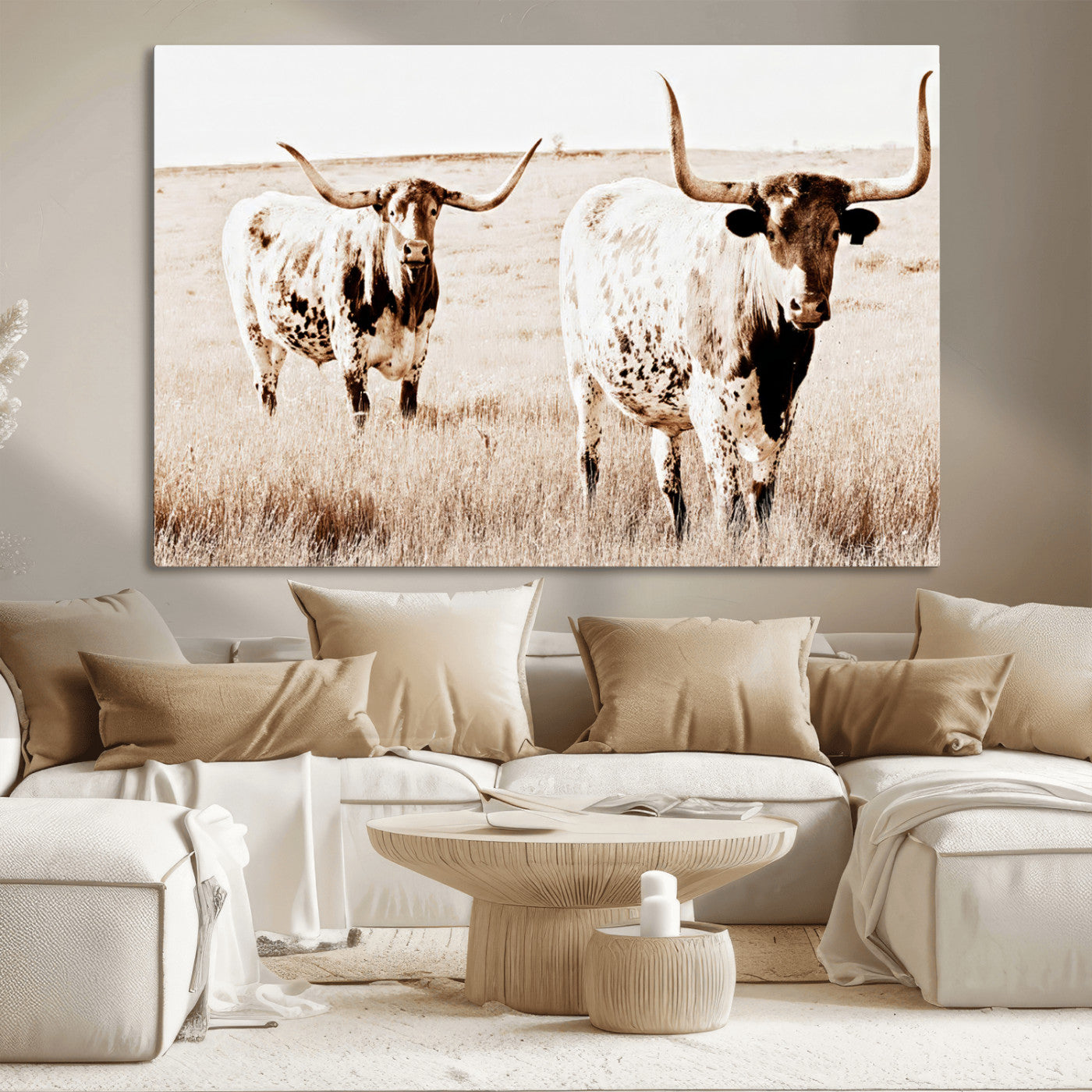 Two Texas longhorn cows standing in a sepia-toned pasture, evoking rustic charm perfect for farmhouse or western country interiors. (