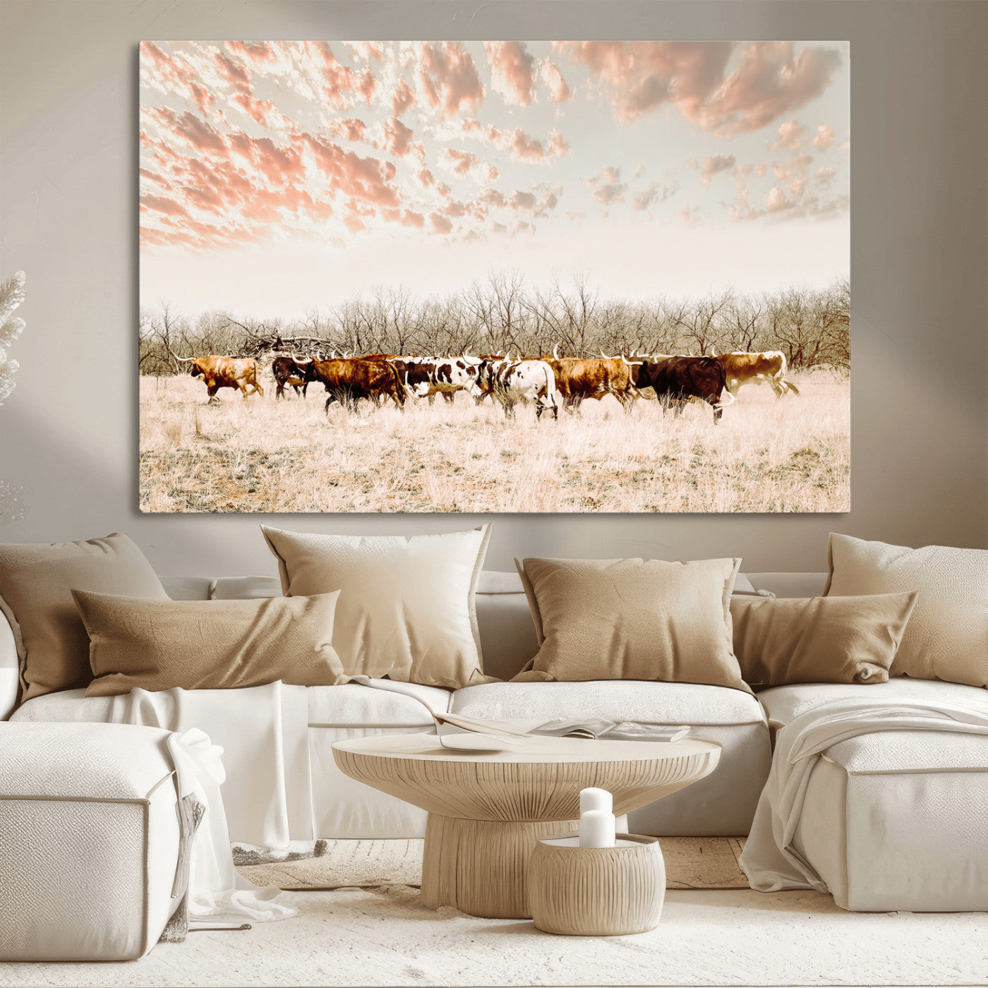 Cattle herd in a soft-toned field under a pastel pink sky, creating a peaceful rustic feel, perfect for farmhouse or western-themed spaces.
