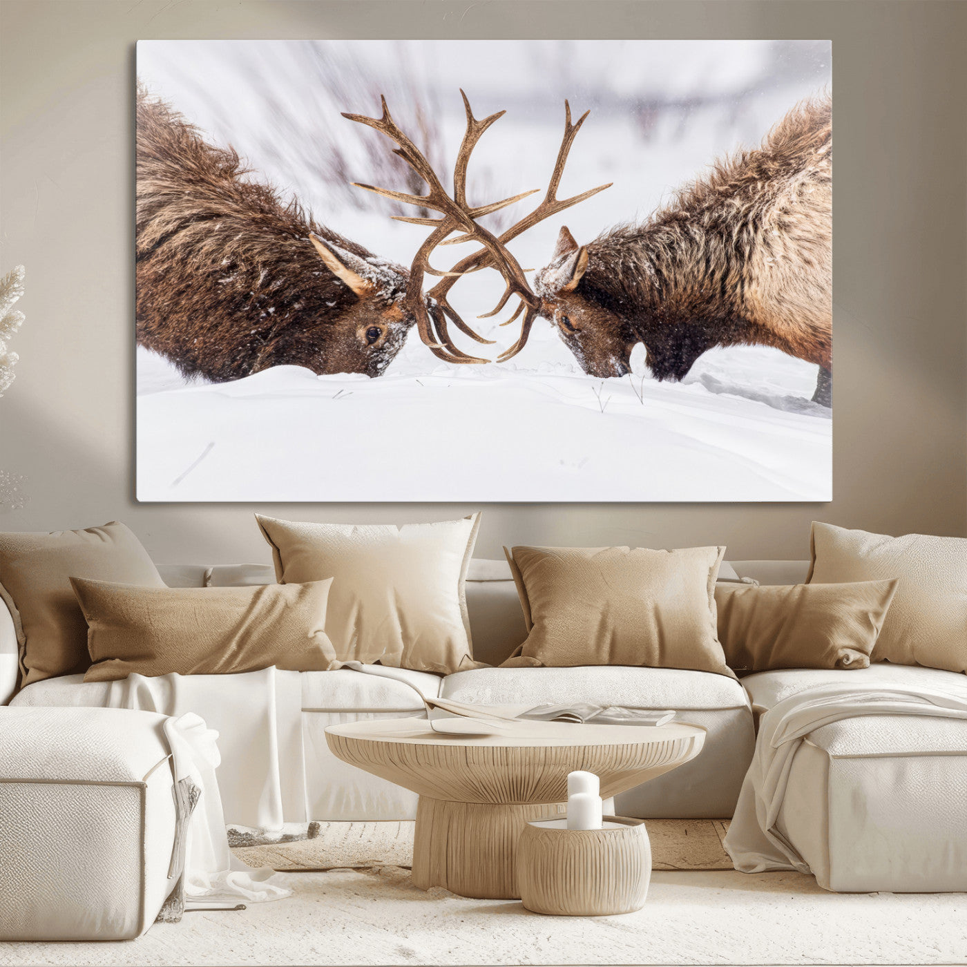 Two elk clashing antlers in a snowy forest, capturing raw power and wild energy, ideal for rustic cabin or lodge-style decor.