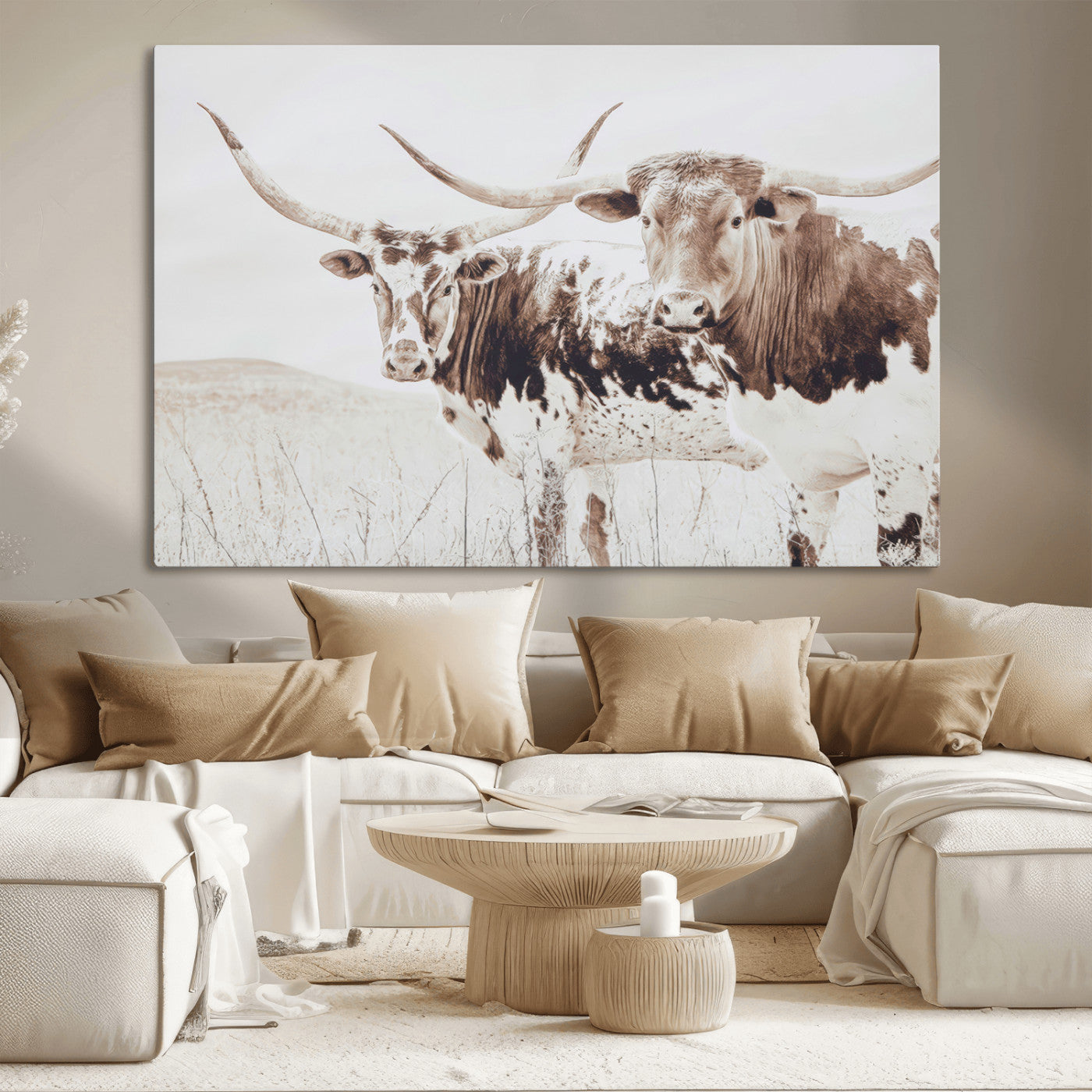 Two longhorn cows standing in a sepia-toned pasture with soft light, ideal for rustic or farmhouse-themed neutral wall decor.