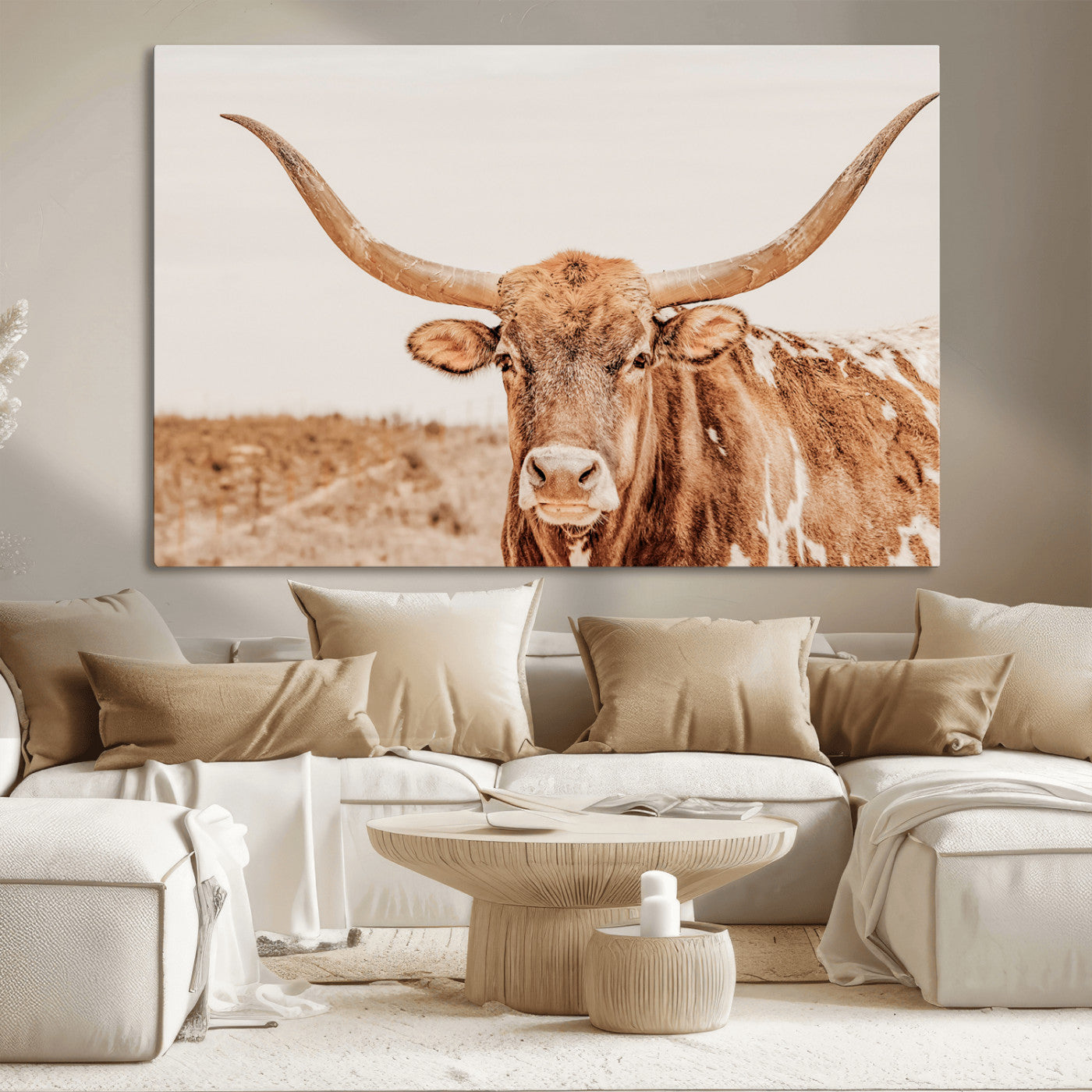 A longhorn bull standing proudly in a sunlit desert field with warm neutral tones, ideal for rustic western or farmhouse interiors.
