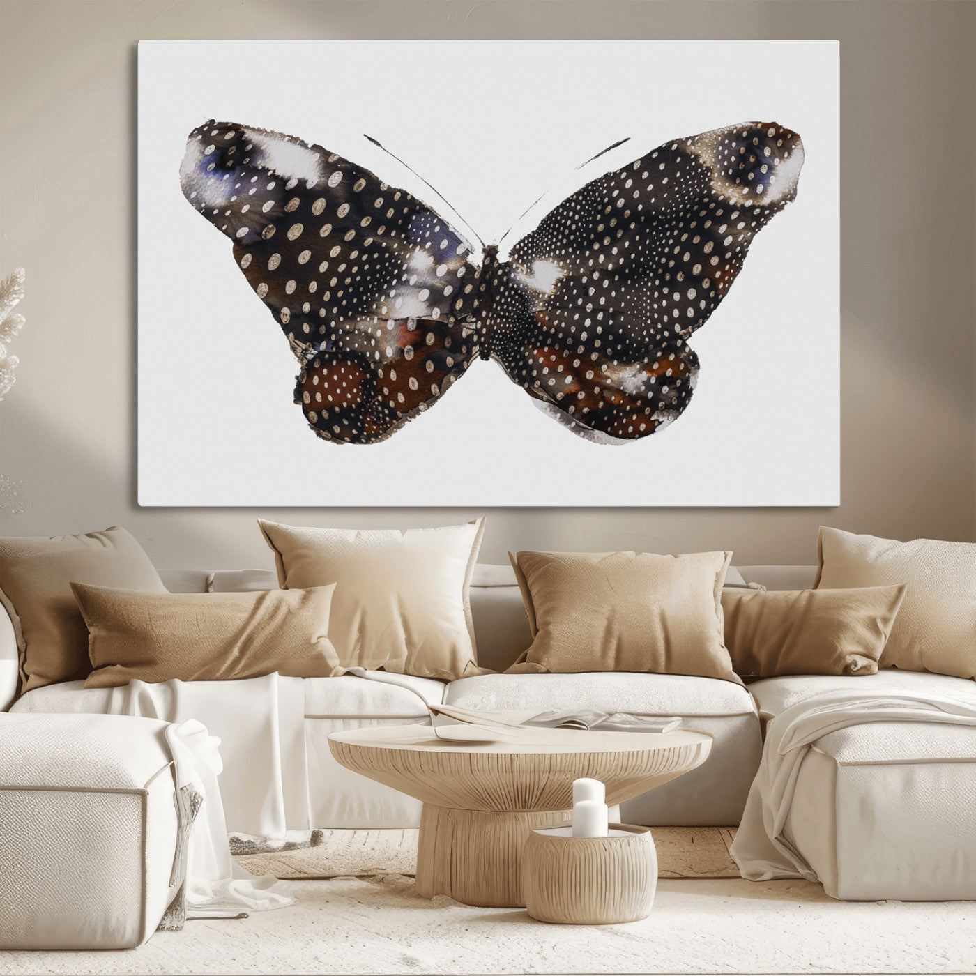 MGV-CV-36X24 - Spotted Butterfly Wall Art Canvas Print, Framed Neutral Insect Theme Art Picture Print, Earthy Wing Pattern Perfect Modern Rustic Decor Artwork