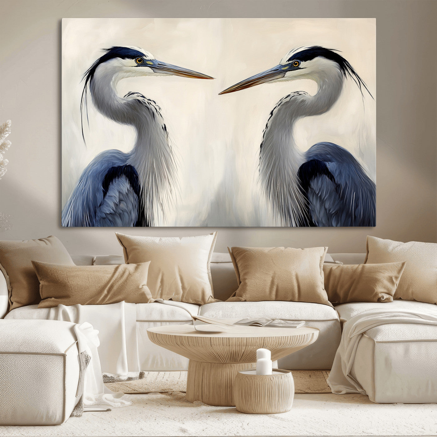 Two blue herons facing each other on a soft neutral background, ideal for coastal, tranquil, or nature-inspired minimalist interiors.