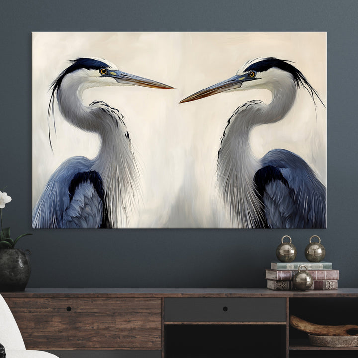 Blue Heron Pair Art Canvas Print, Coastal Bird Theme Print, Framed Tranquil Wildlife Scene Art Print, Large Nature Inspired Decor