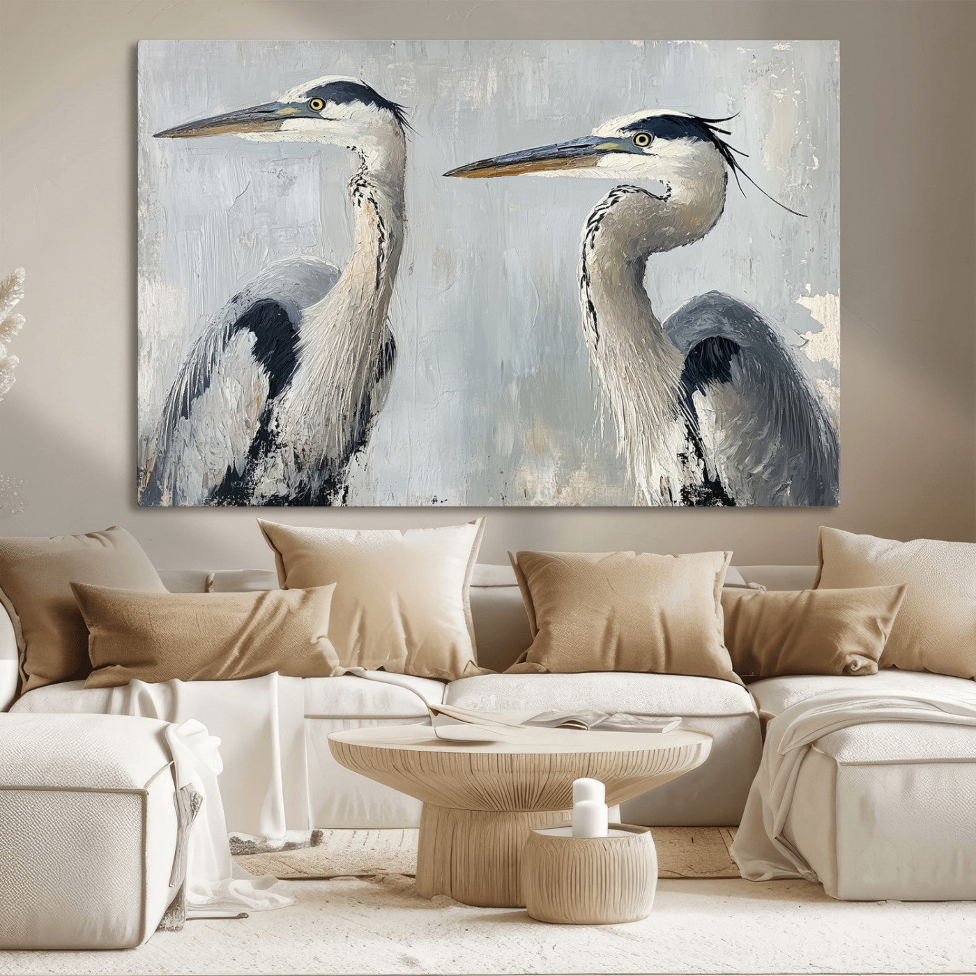 Two elegant herons in profile with soft brush strokes and blue-grey tones, ideal for serene, coastal, or minimalist interior decor.