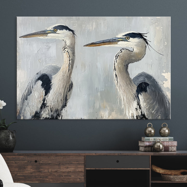 Bird Canvas Decor Wall Art Canvas Print, Coastal Bird Pair Print, Framed Minimalist Wildlife Wall Art Print, Large Blue Grey Animal Art, Blue Heron Wall Art Print