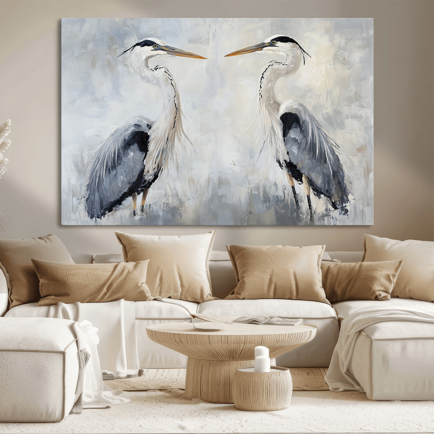 Two herons facing each other on a soft-toned background with blue-grey feathers, perfect for tranquil, coastal or nature-themed interiors.