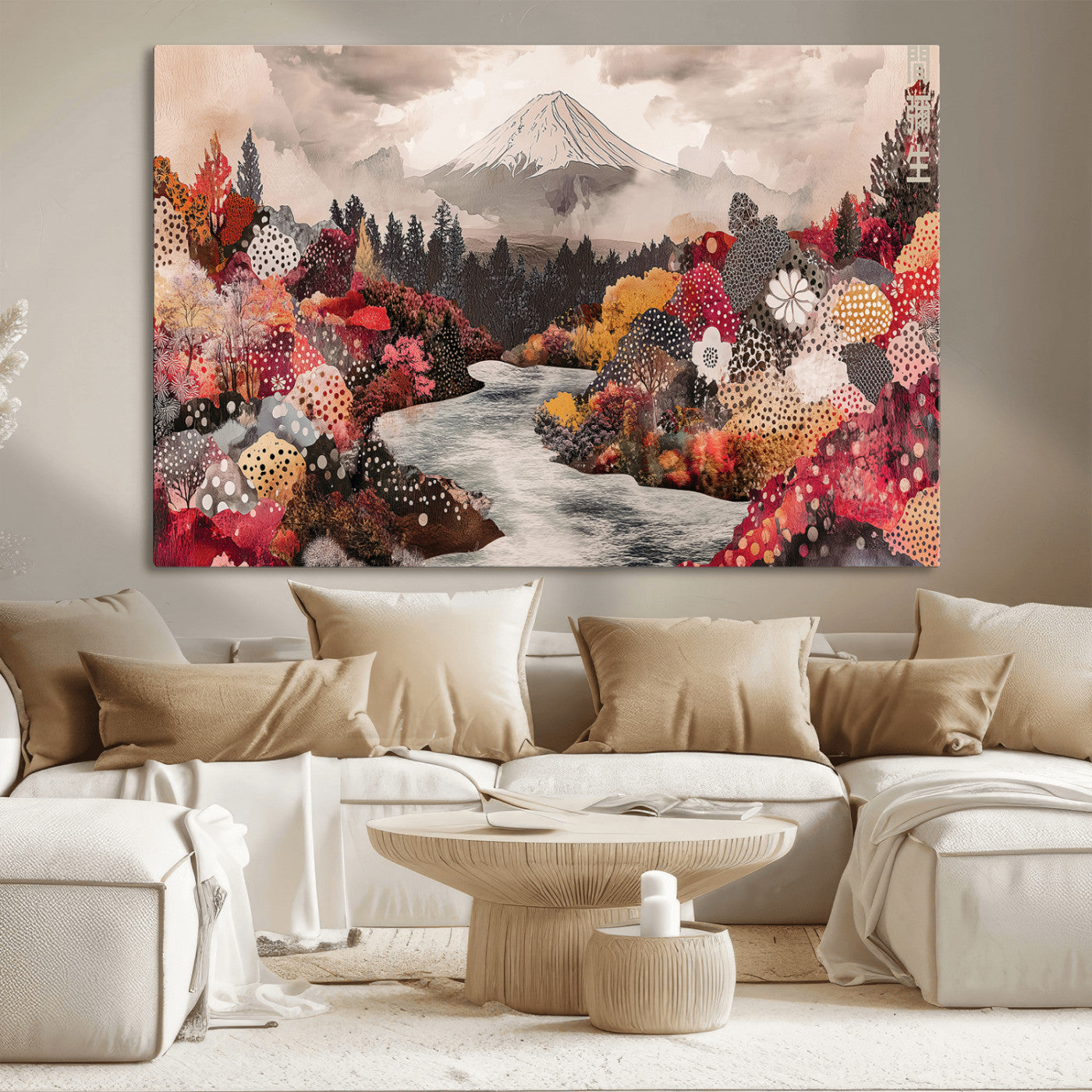 A whimsical mountain landscape with floral autumn trees, river, and misty peak, ideal for cozy, cottagecore, and nature-inspired wall decor.