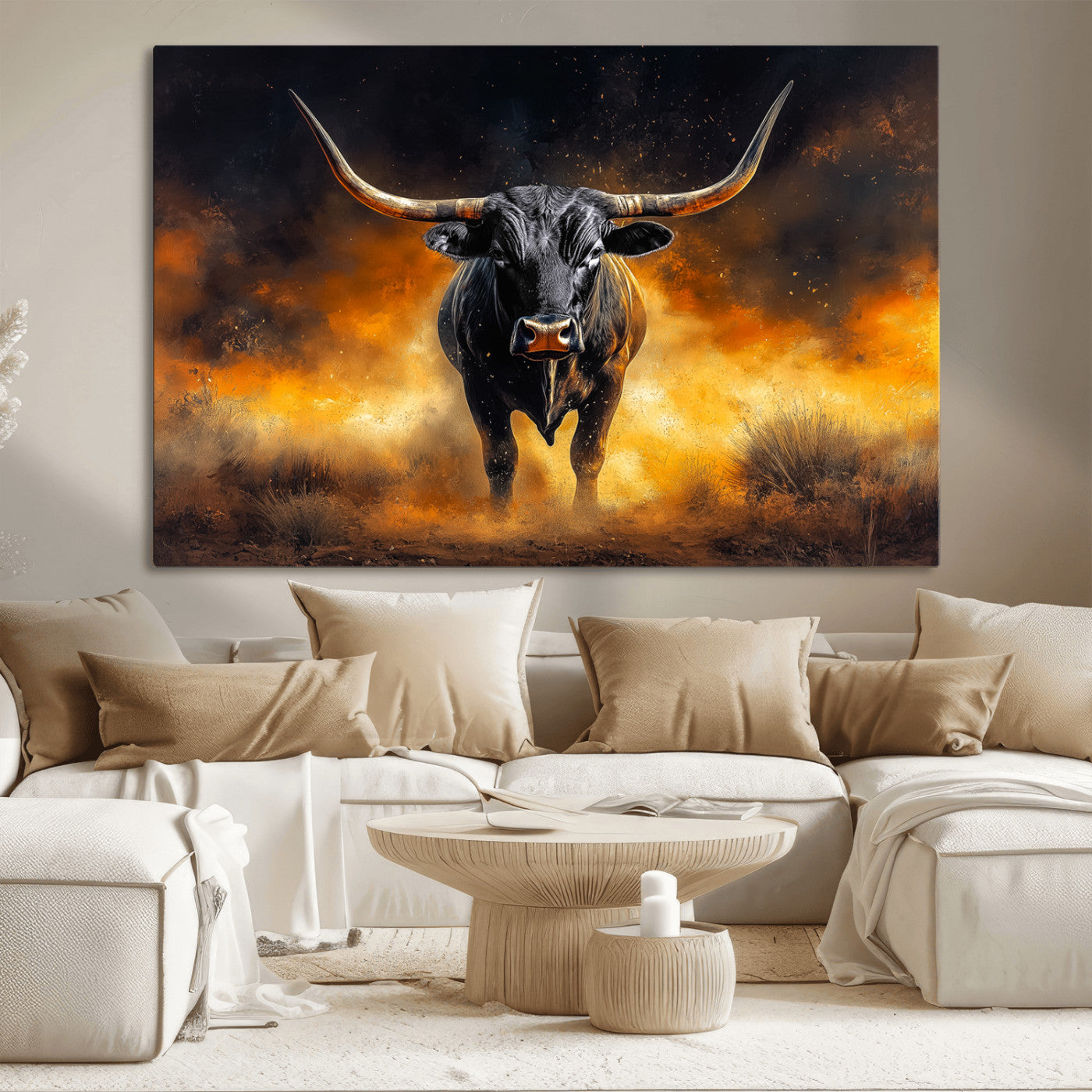 MGV-CV-36X24 - Longhorn Canvas Wall Art Canvas Print, Framed Bold Bull Wall Art Art Picture Print, Western Animal Decor Perfect Western Dramatic Decor Artwork