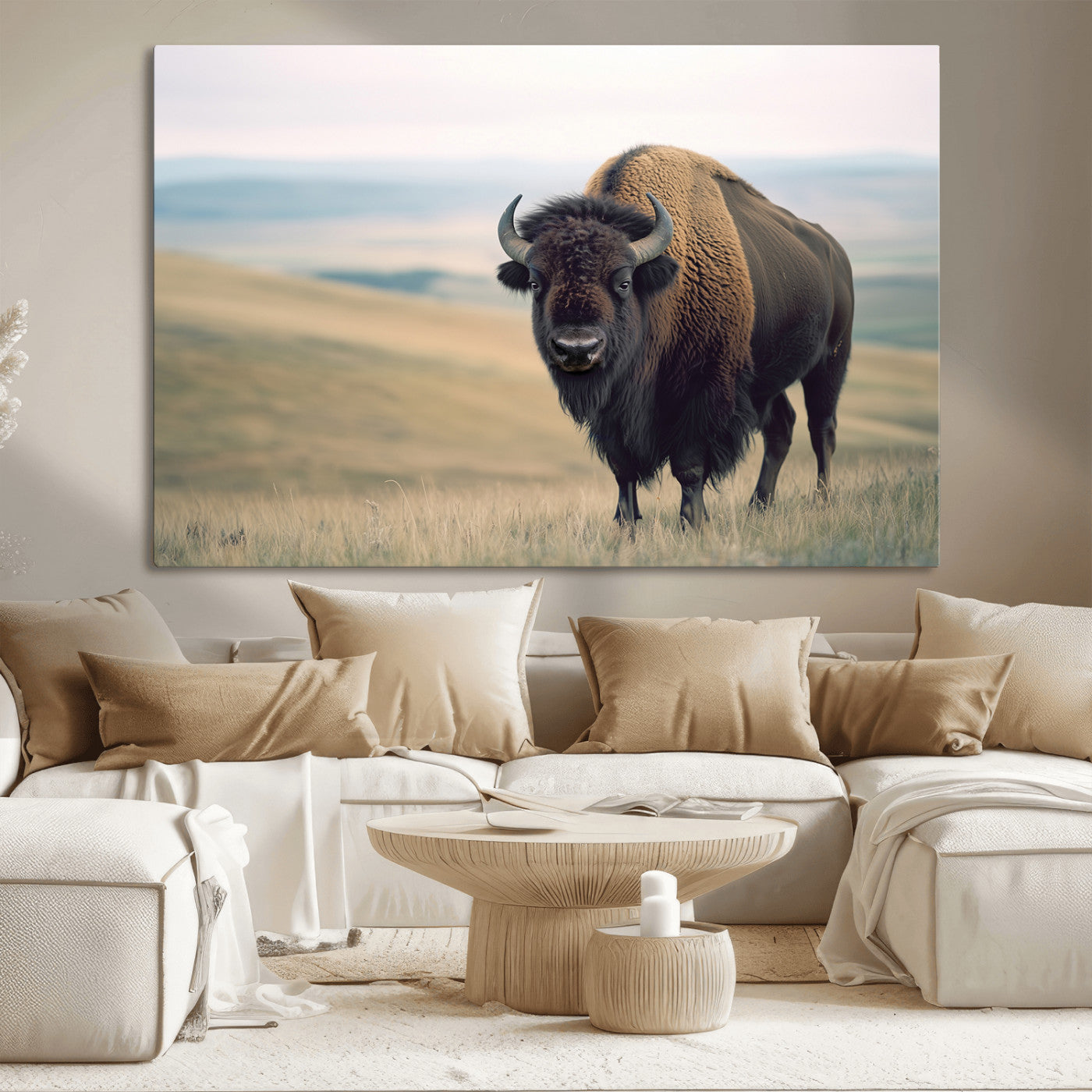 A bison standing strong on a grassy prairie with rolling hills in the background, perfect for rustic and Western-inspired wall decor.