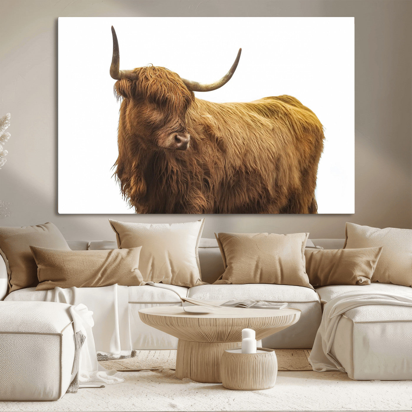 A highland cow with long horns and shaggy fur standing calmly, isolated on white background, ideal for rustic or farmhouse wall decor.